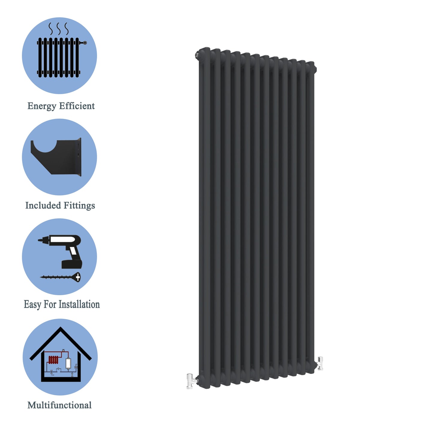 Traditional Vertical 1800x560mm 2 Columns Black Cast Iron Radiator