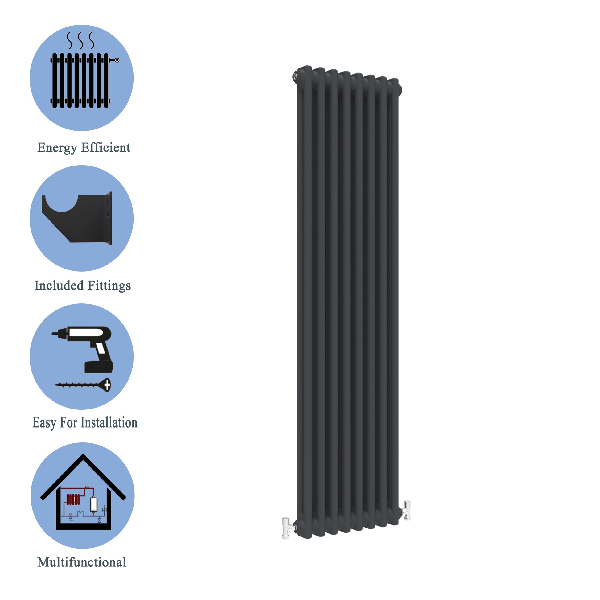 Traditional Vertical 1800x380mm 2 Columns Black Cast Iron Radiator