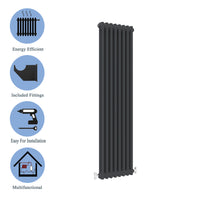 Traditional Vertical 1800x380mm 2 Columns Black Cast Iron Radiator