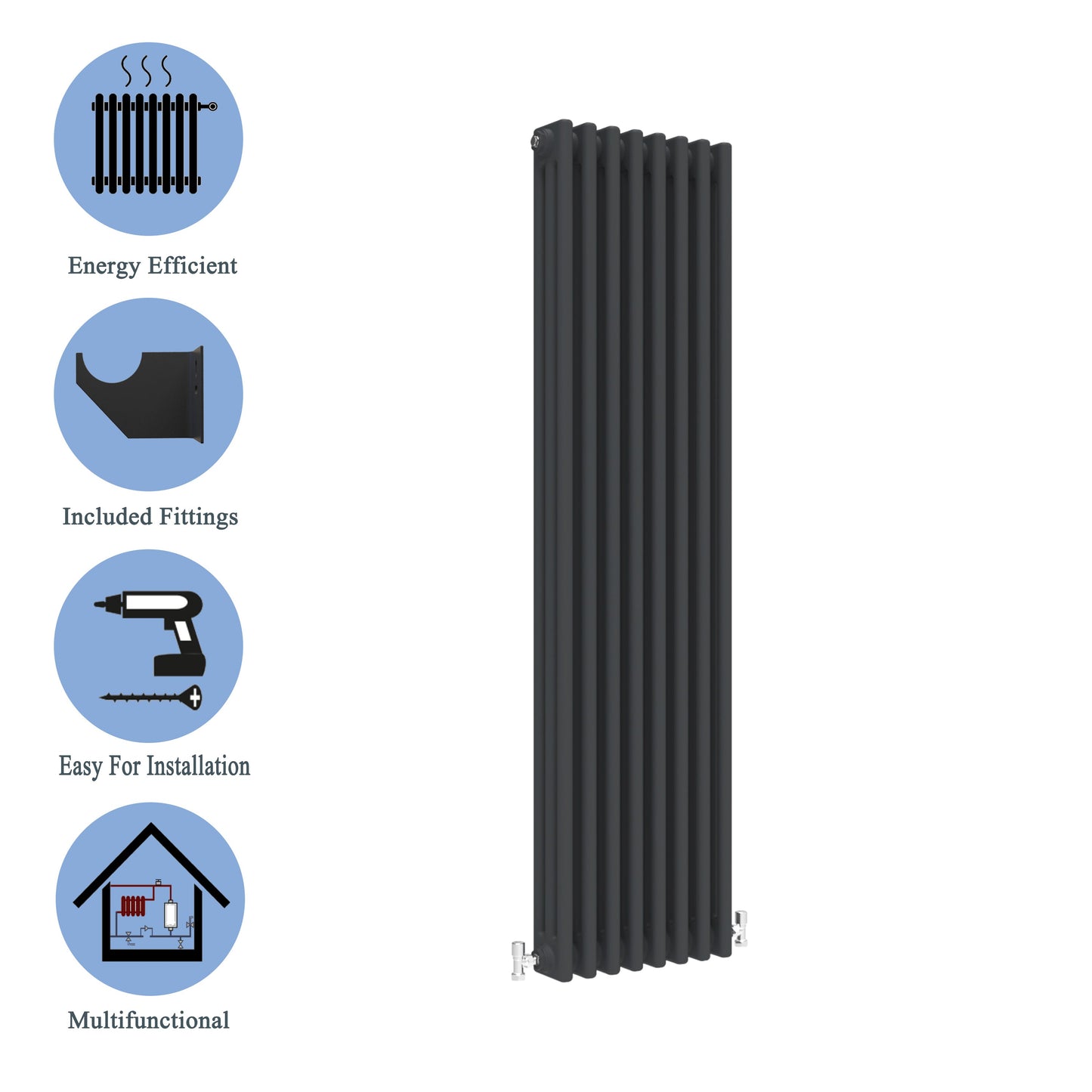 Traditional Vertical 1800x380mm 3 Columns Black Cast Iron Radiator