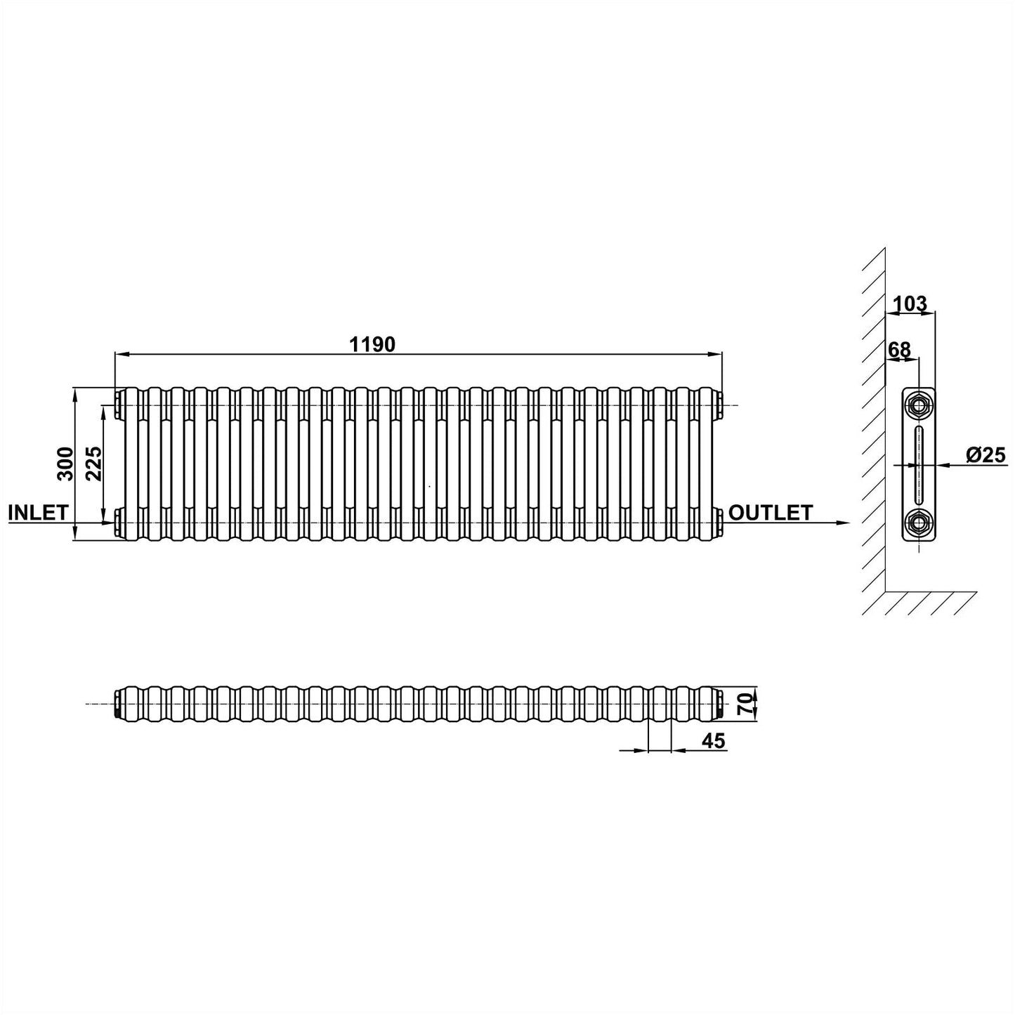 Traditional Horizontal 300x1190mm 2 Columns Black Cast Iron Radiator dimension