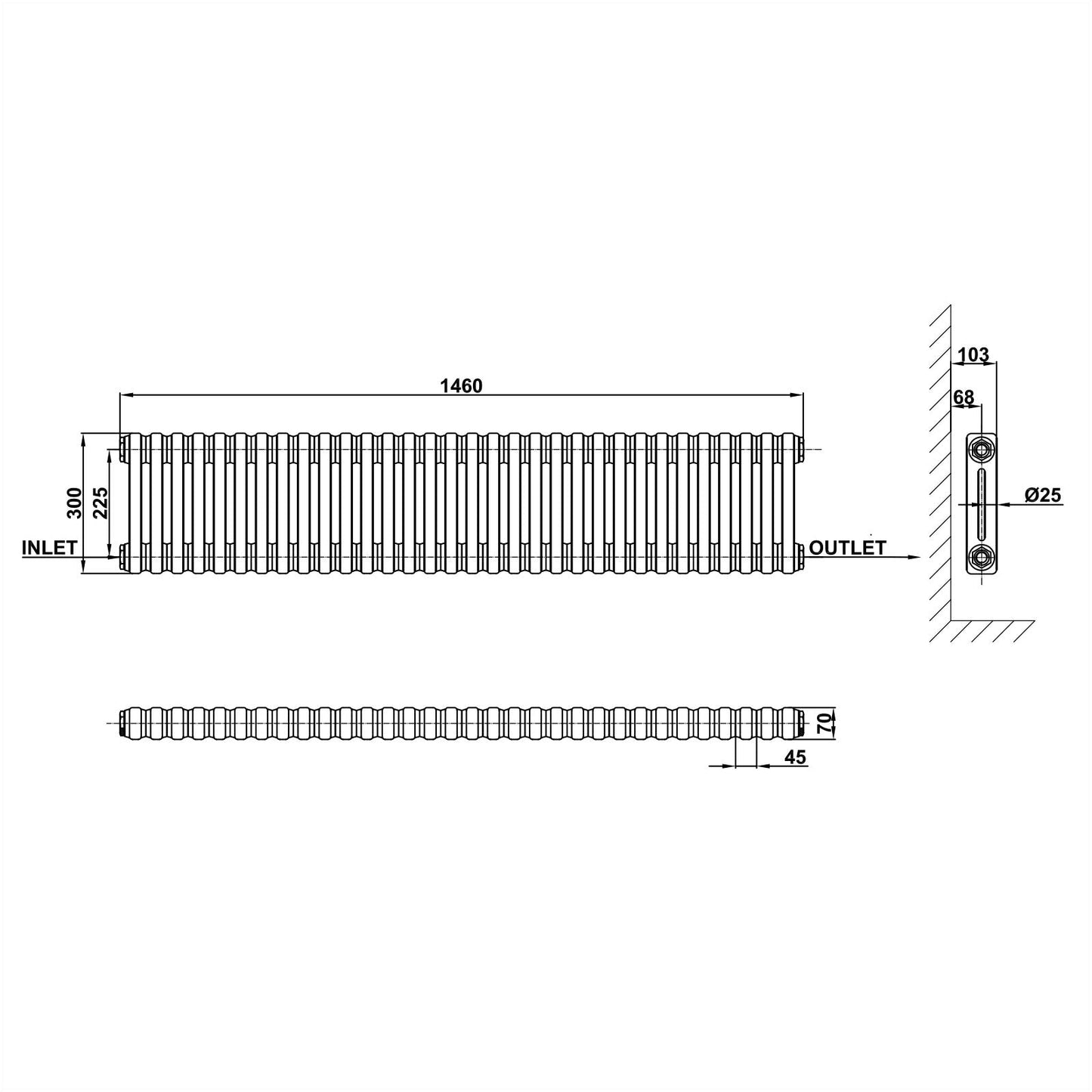 Traditional Horizontal 300x1460mm 2 Columns Black Cast Iron Radiator dimension