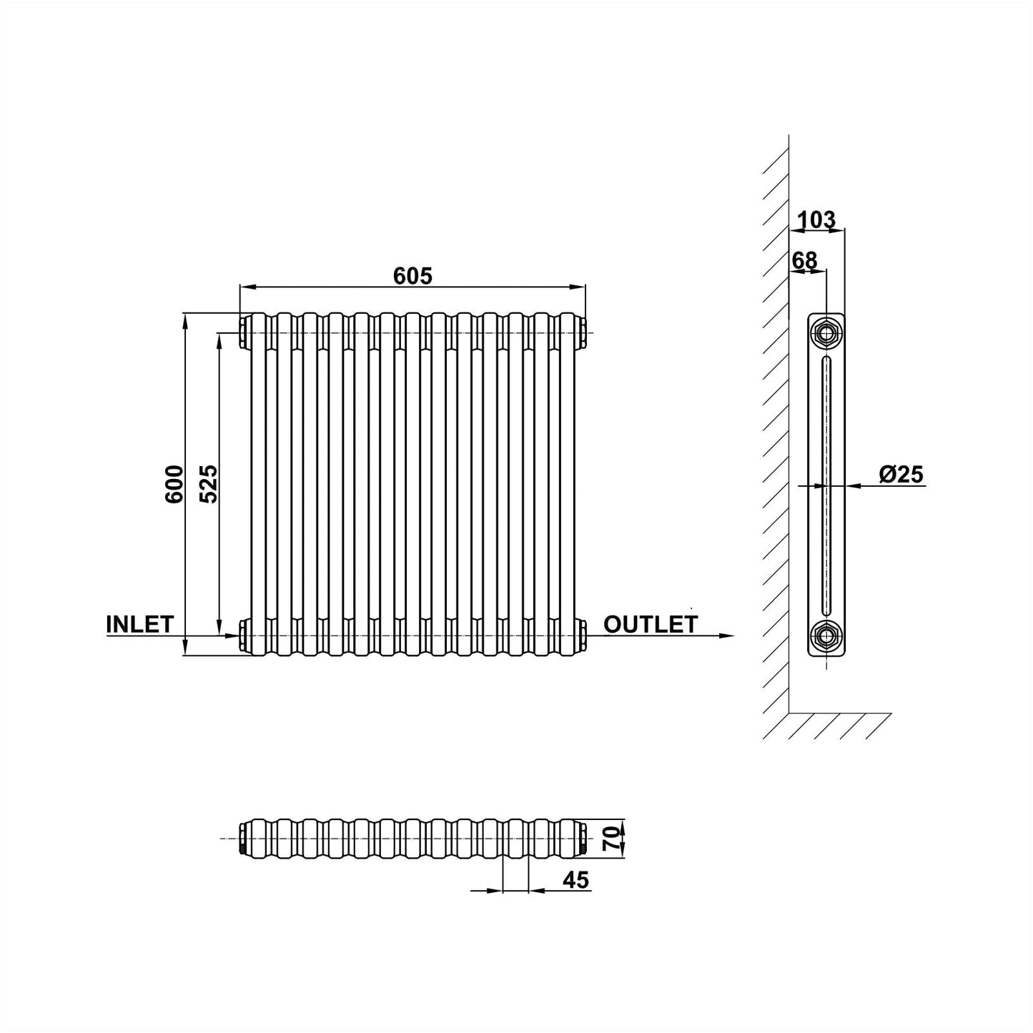 Traditional Horizontal 600x605mm 2 Columns Black Cast Iron Radiator dimension