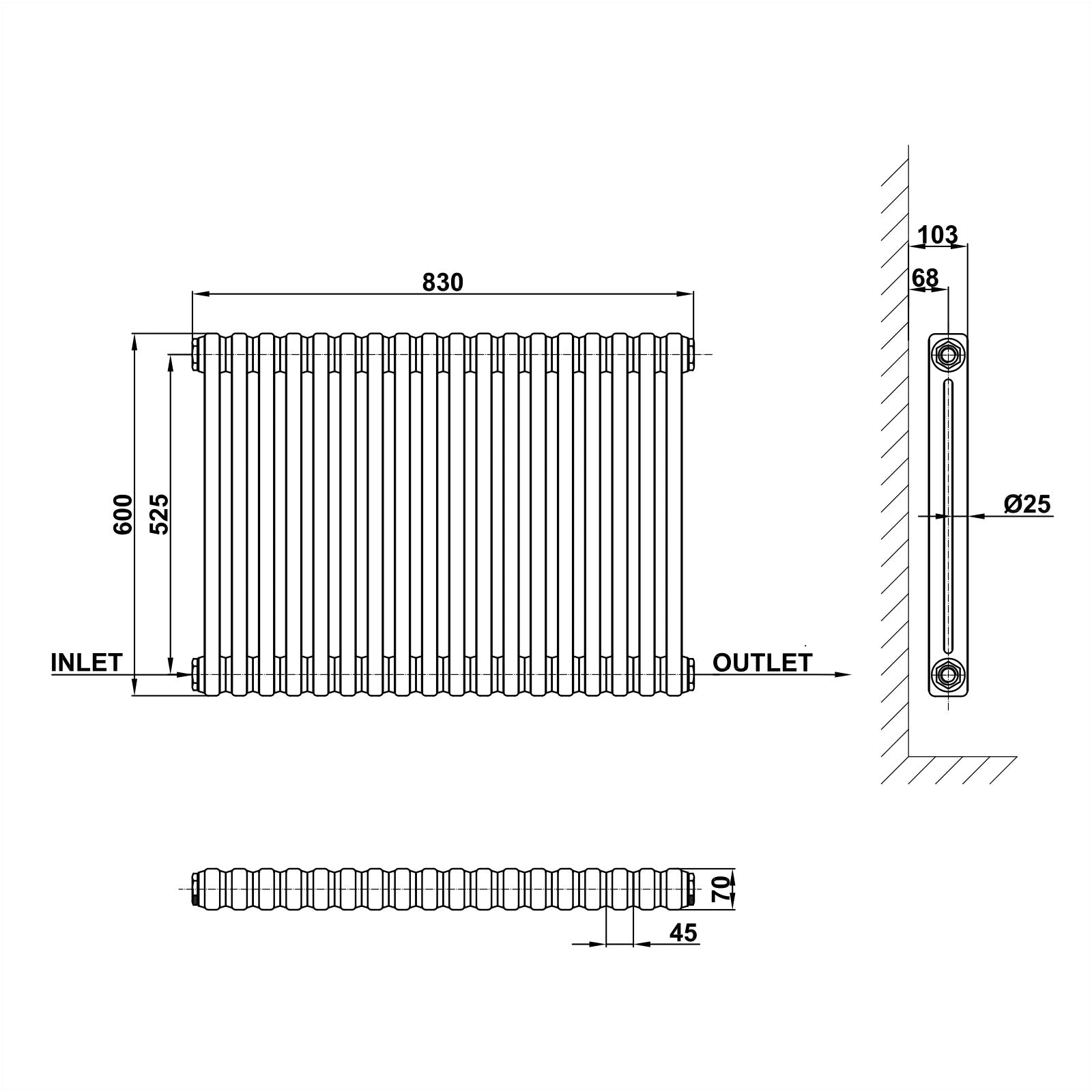 Traditional Horizontal 600x830mm 2 Columns Black Cast Iron Radiator dimension