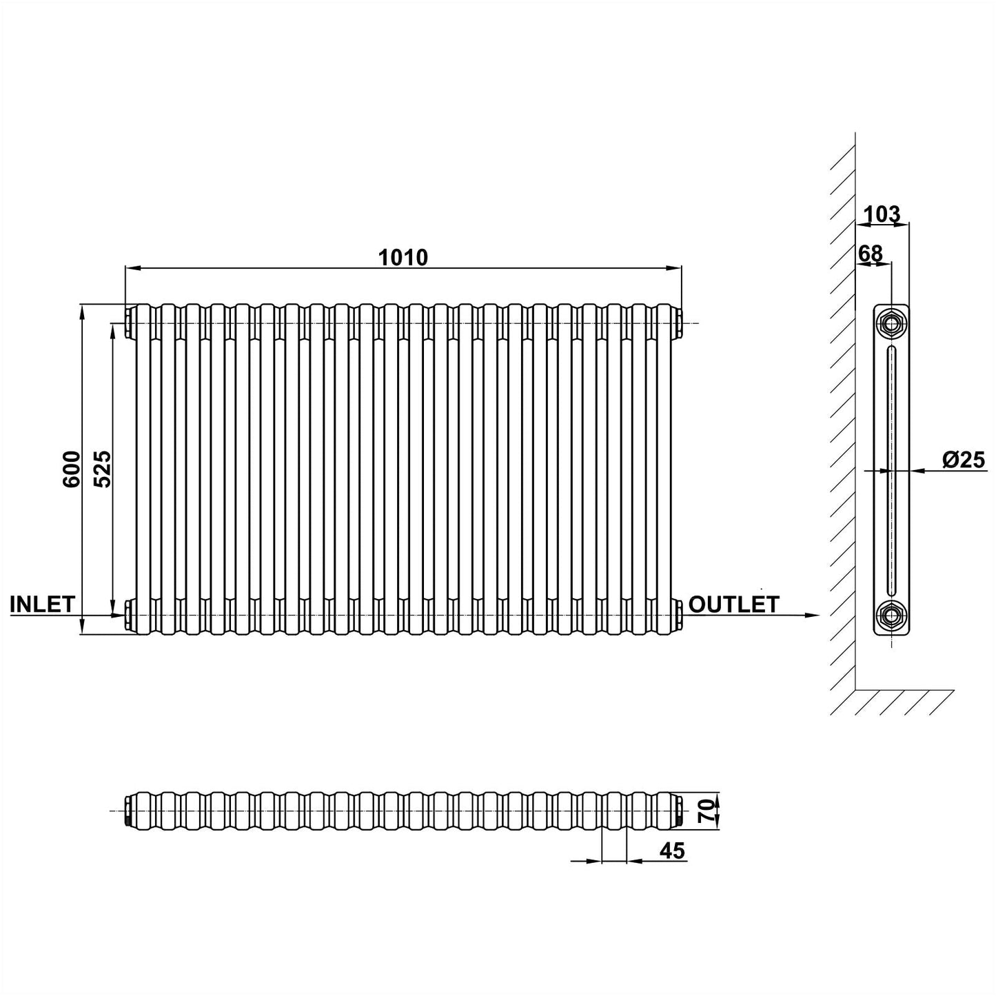 Traditional Horizontal 600x1010mm 2 Columns Black Cast Iron Radiator dimension