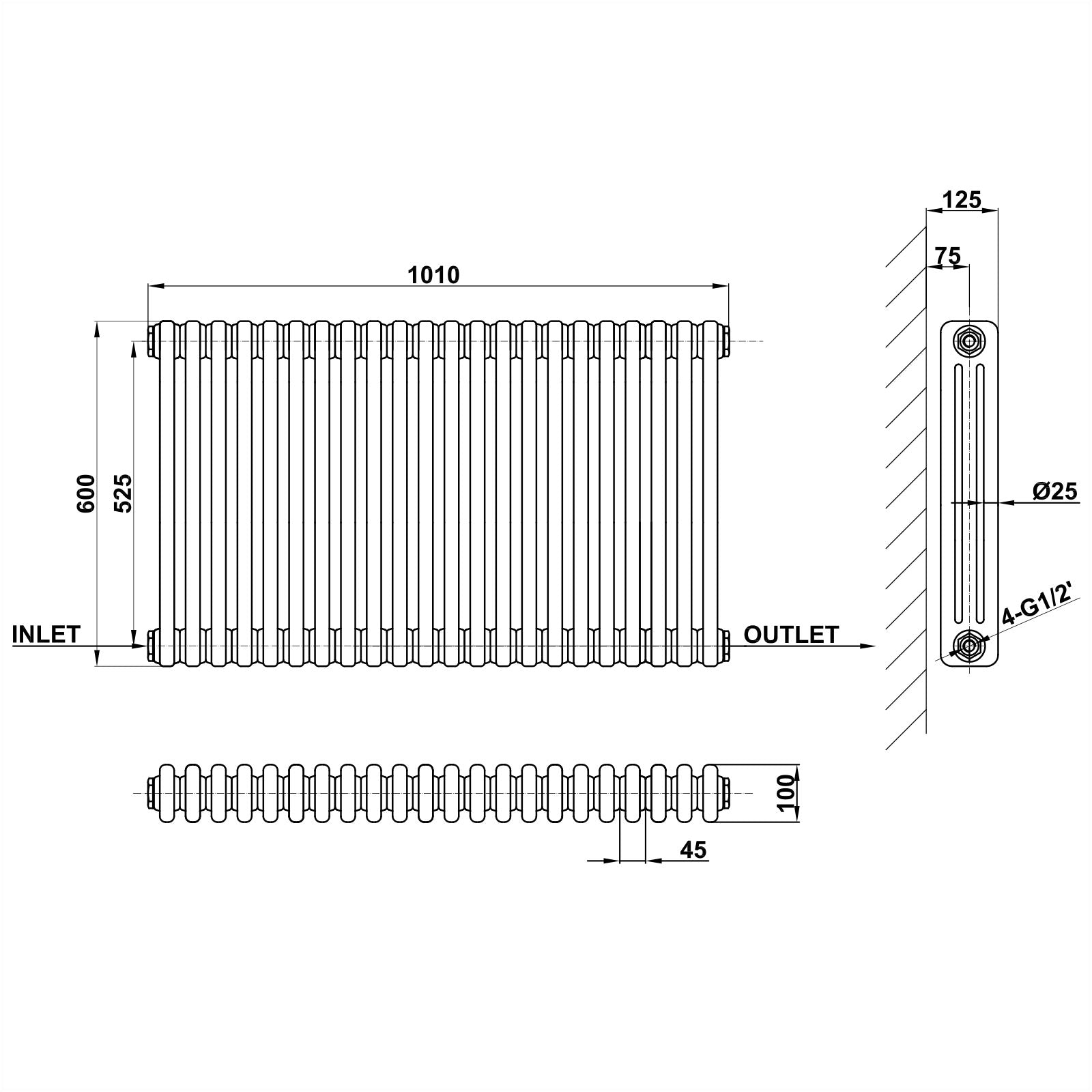 Traditional Horizontal 600x1010mm 3 Columns Black Cast Iron Radiator dimension