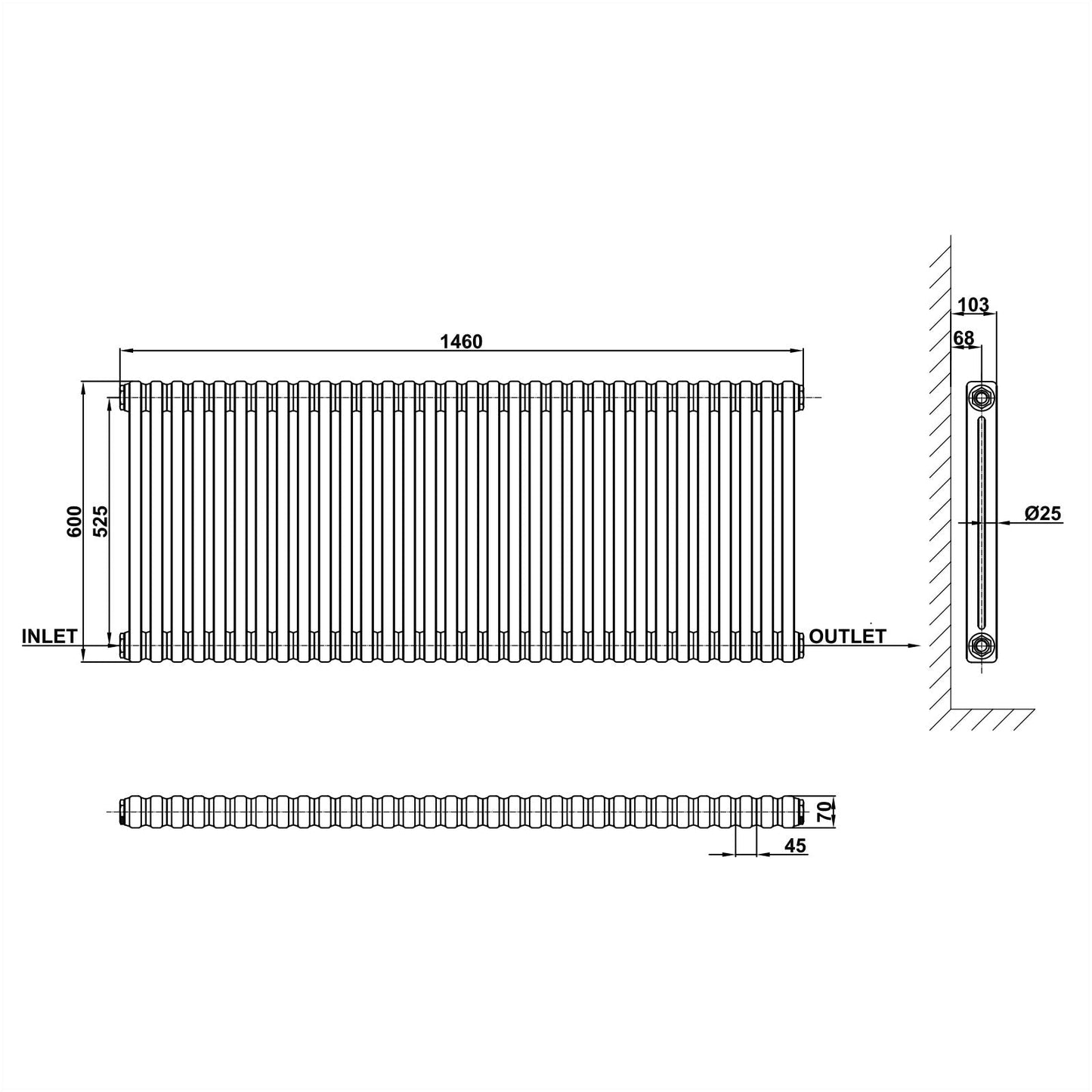 Traditional Horizontal 600x1460mm 2 Columns Black Cast Iron Radiator dimension