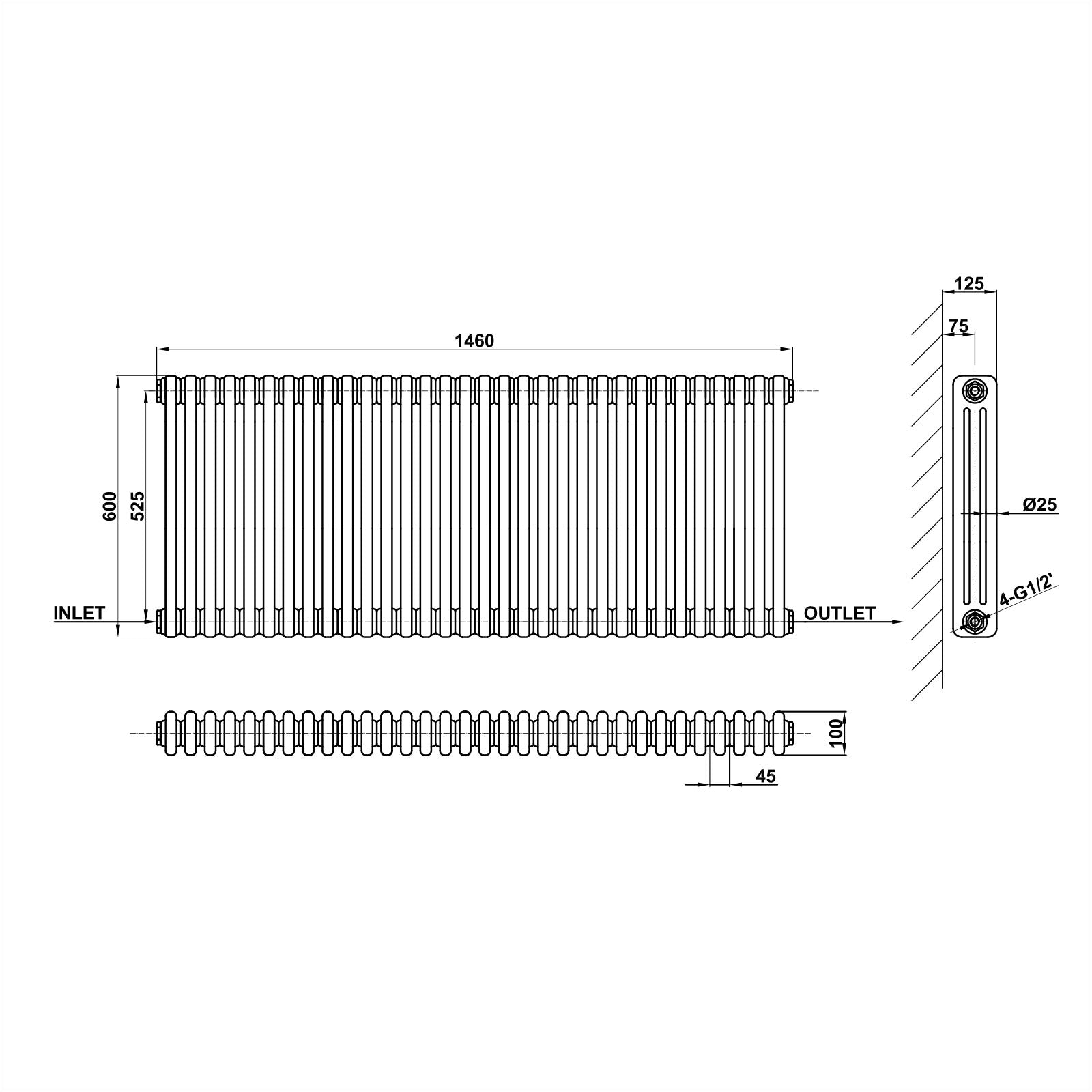 Traditional Horizontal 600x1460mm 3 Columns Black Cast Iron Radiator dimension