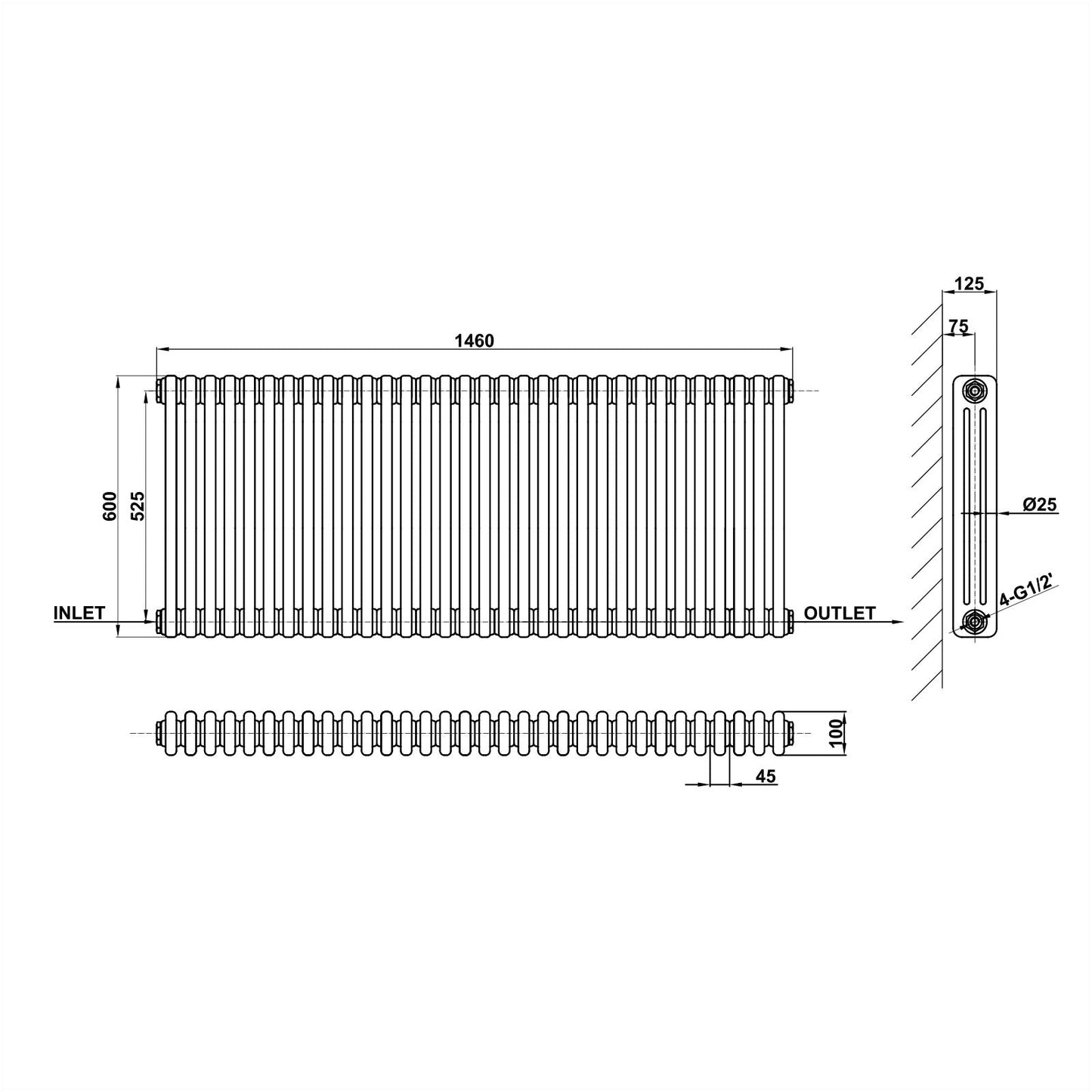 Traditional Horizontal 600x1460mm 3 Columns Black Cast Iron Radiator dimension