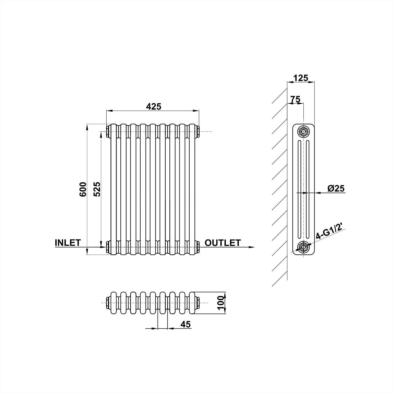 Traditional Horizontal 600x425mm 3 Columns Black Cast Iron Radiator dimension