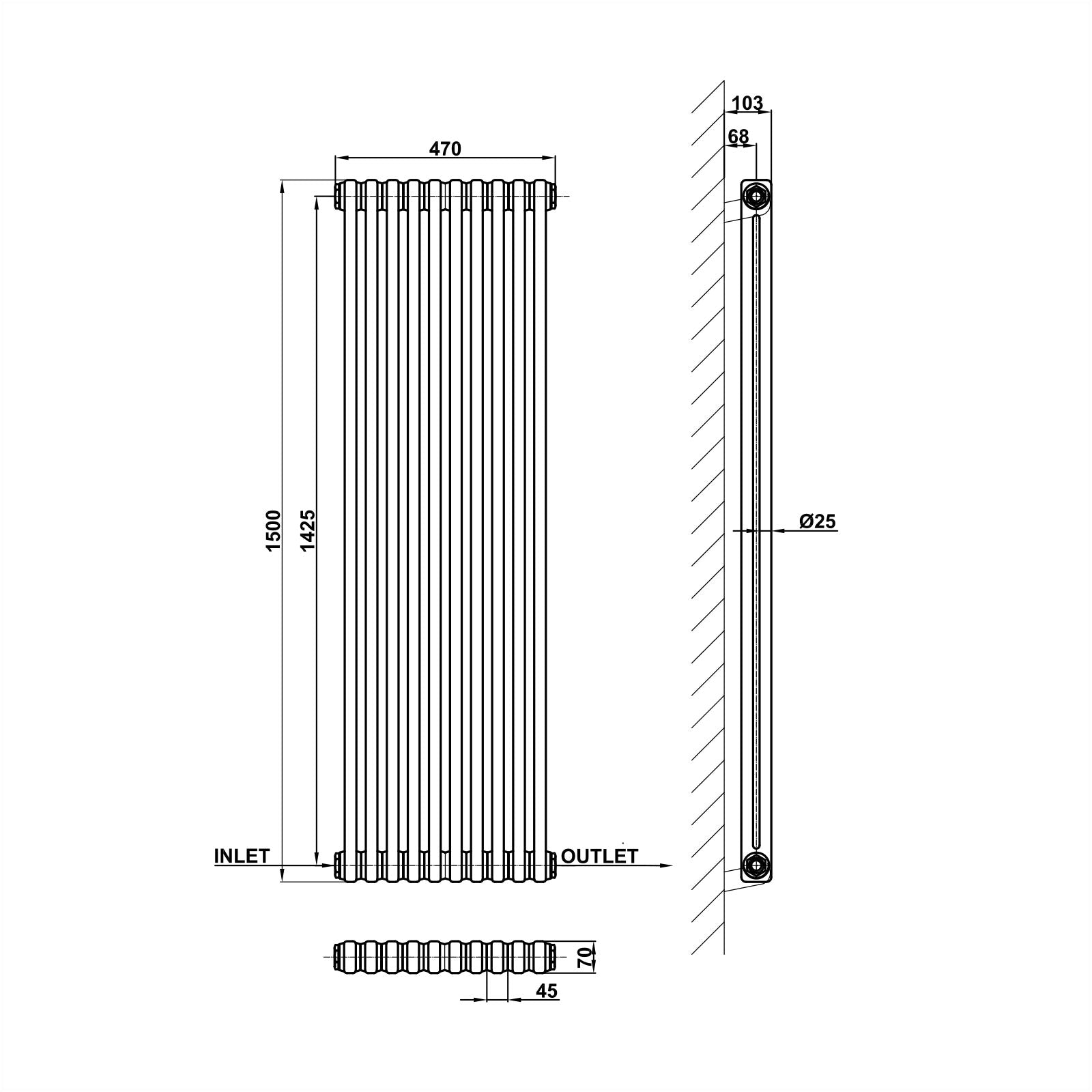 Traditional Vertical 1500x470mm 2 Columns Black Cast Iron Radiator dimension