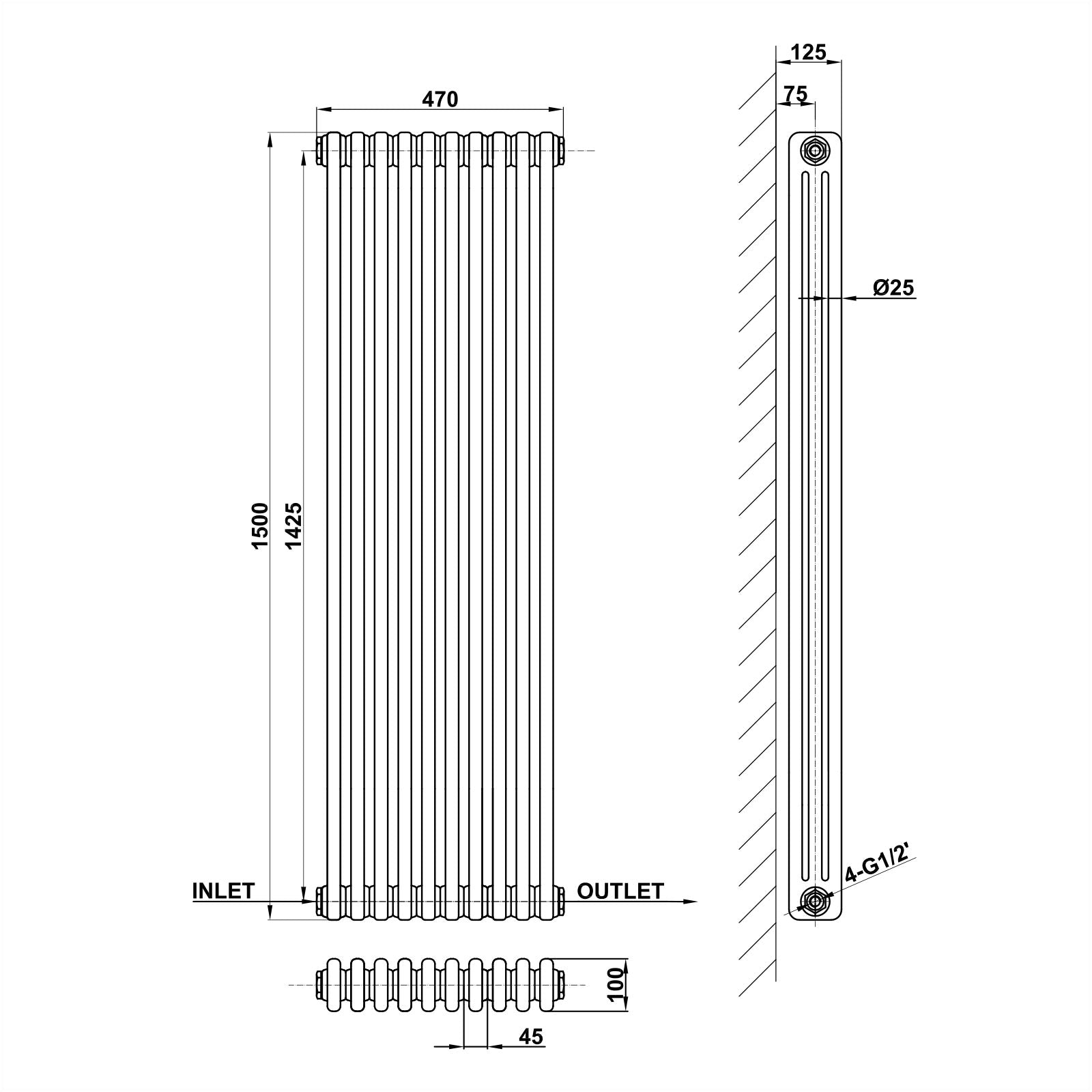 Traditional Vertical 1500x470mm 3 Columns Black Cast Iron Radiator dimension