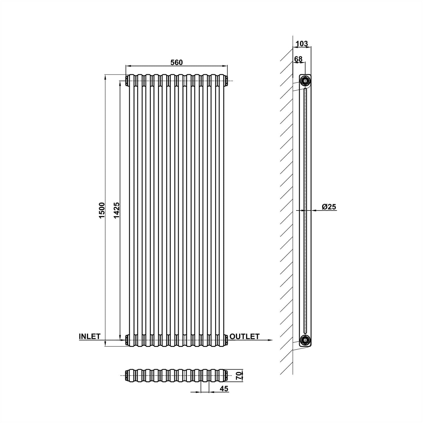 Traditional Vertical 1500x560mm 2 Columns Black Cast Iron Radiator dimension