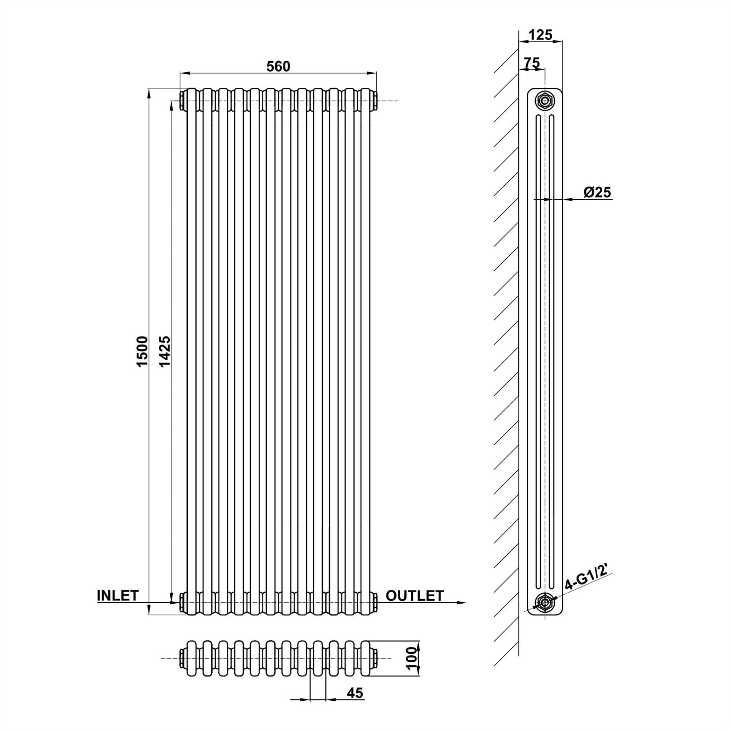 Traditional Vertical 1500x560mm 3 Columns Black Cast Iron Radiator dimension