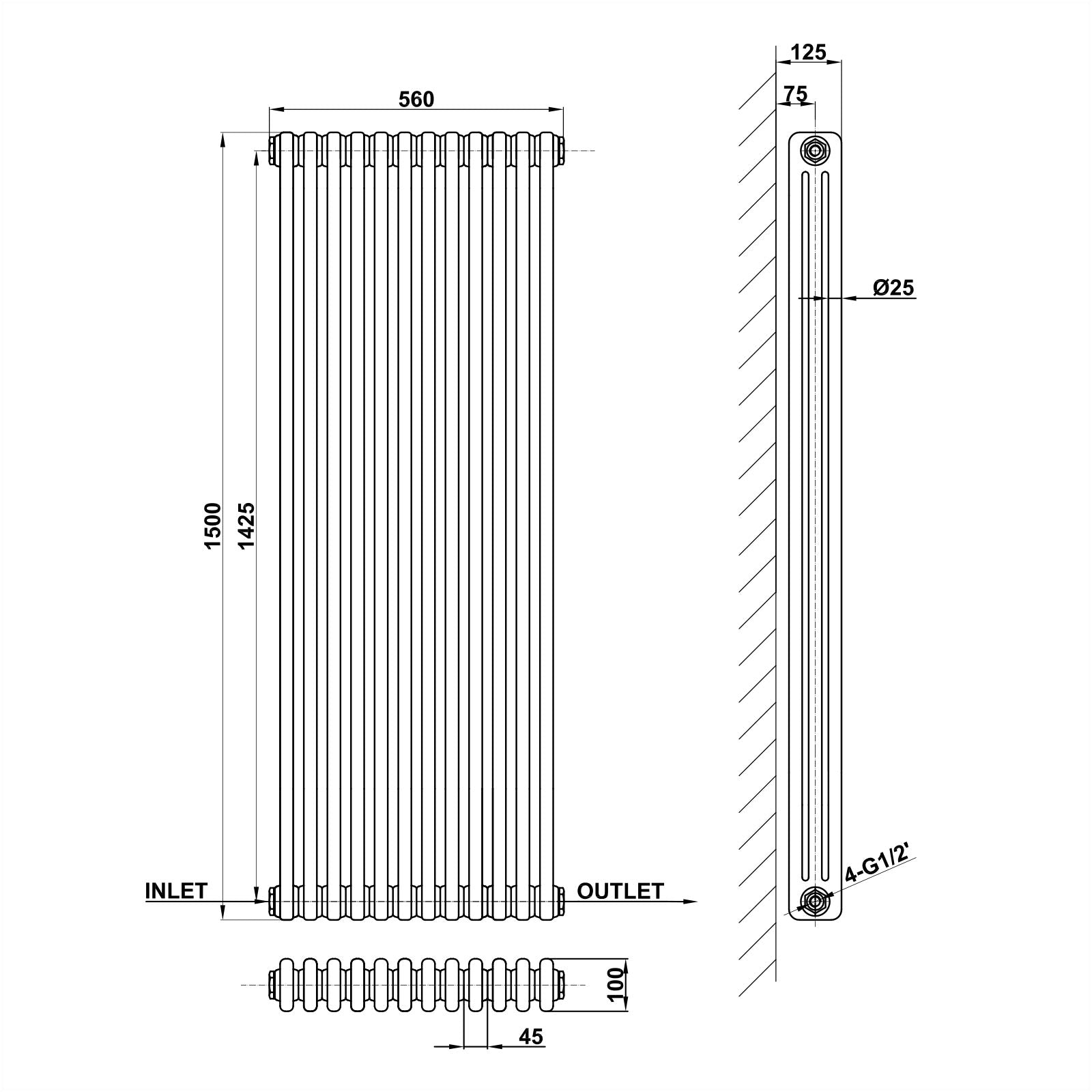 Traditional Vertical 1500x560mm 3 Columns Black Cast Iron Radiator dimension