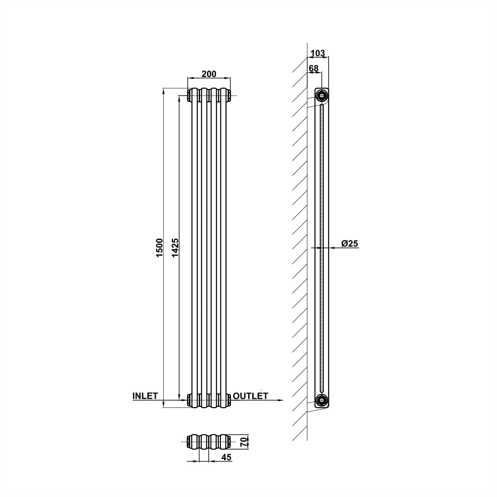 Traditional Vertical 1500x200mm 2 Columns Black Cast Iron Radiator dimension