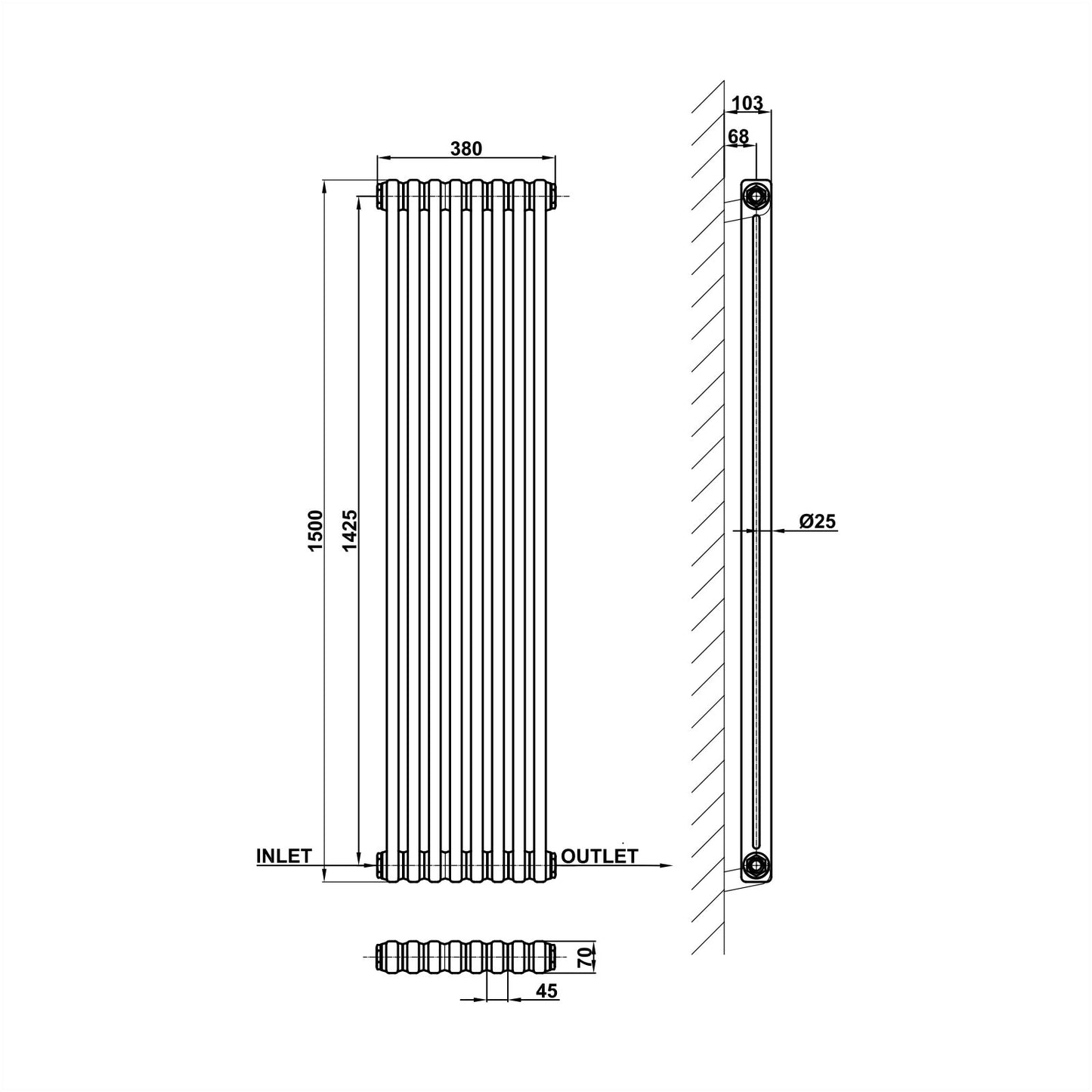 Traditional Vertical 1500x380mm 2 Columns Black Cast Iron Radiator dimension