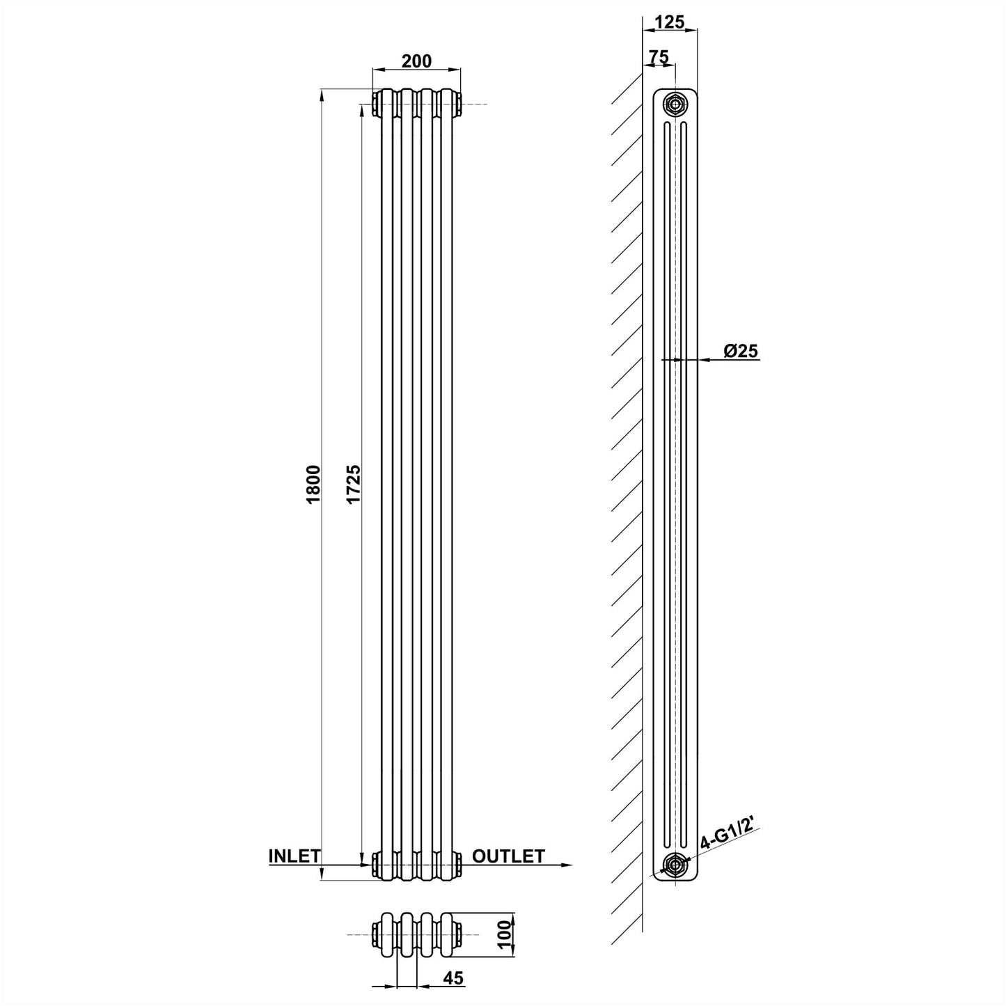 Traditional Vertical 1800x200mm 3 Columns Black Cast Iron Radiator dimension