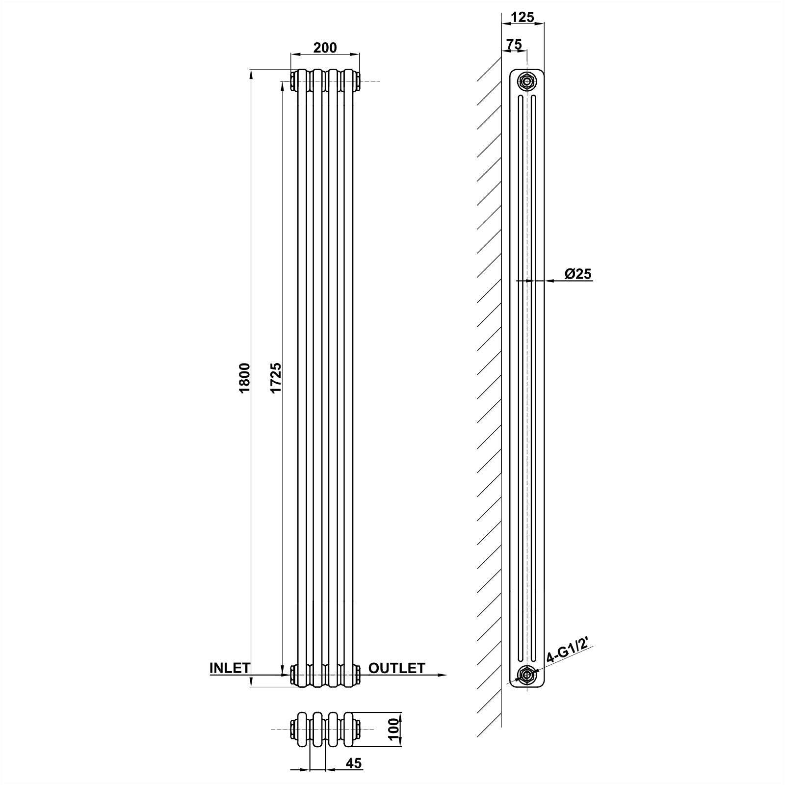 Traditional Vertical 1800x200mm 3 Columns Black Cast Iron Radiator dimension