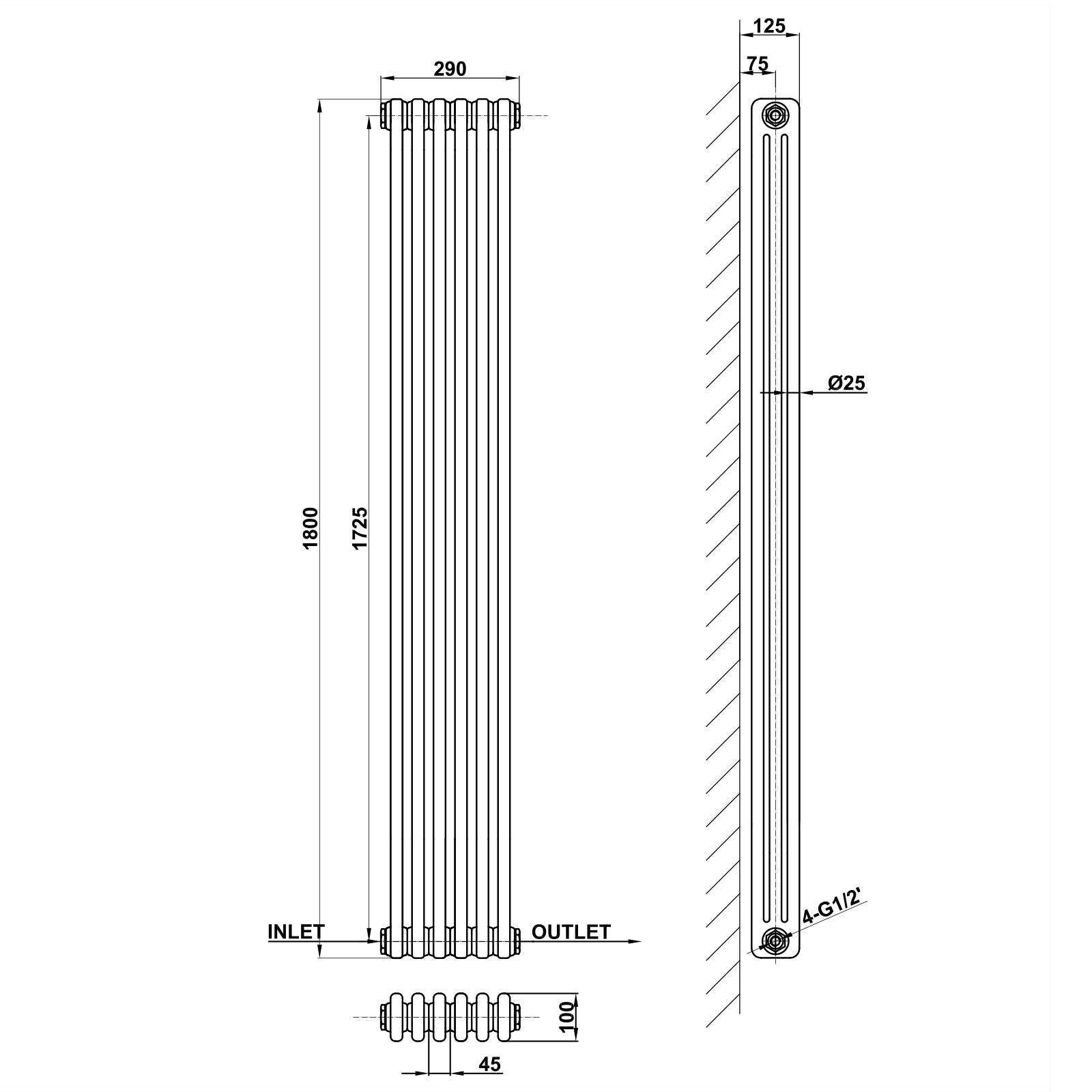 Traditional Vertical 1800x290mm 3 Columns Black Cast Iron Radiator dimension