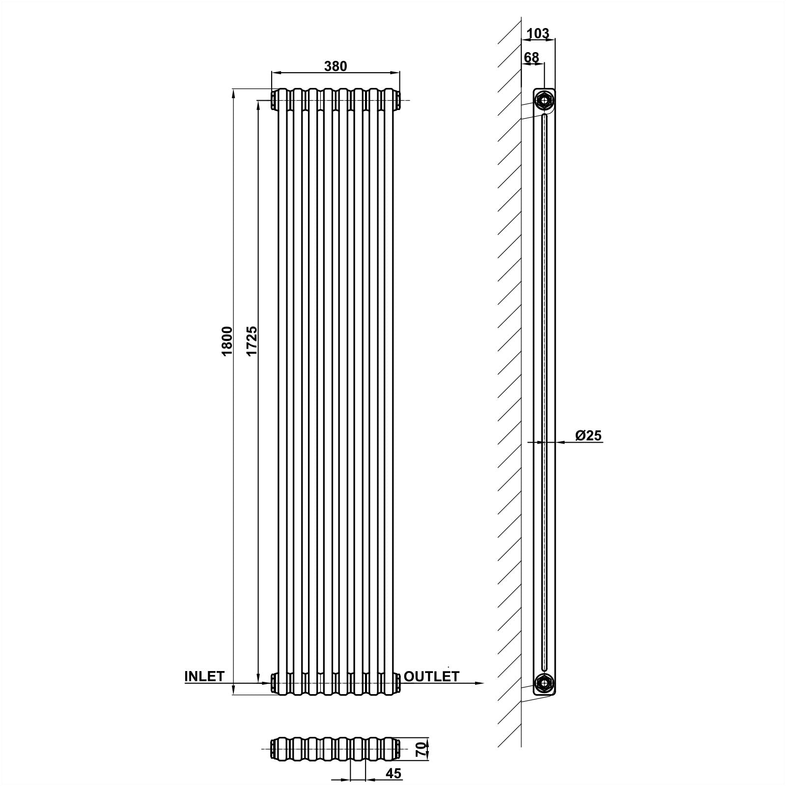 Traditional Vertical 1800x380mm 2 Columns Black Cast Iron Radiator dimension