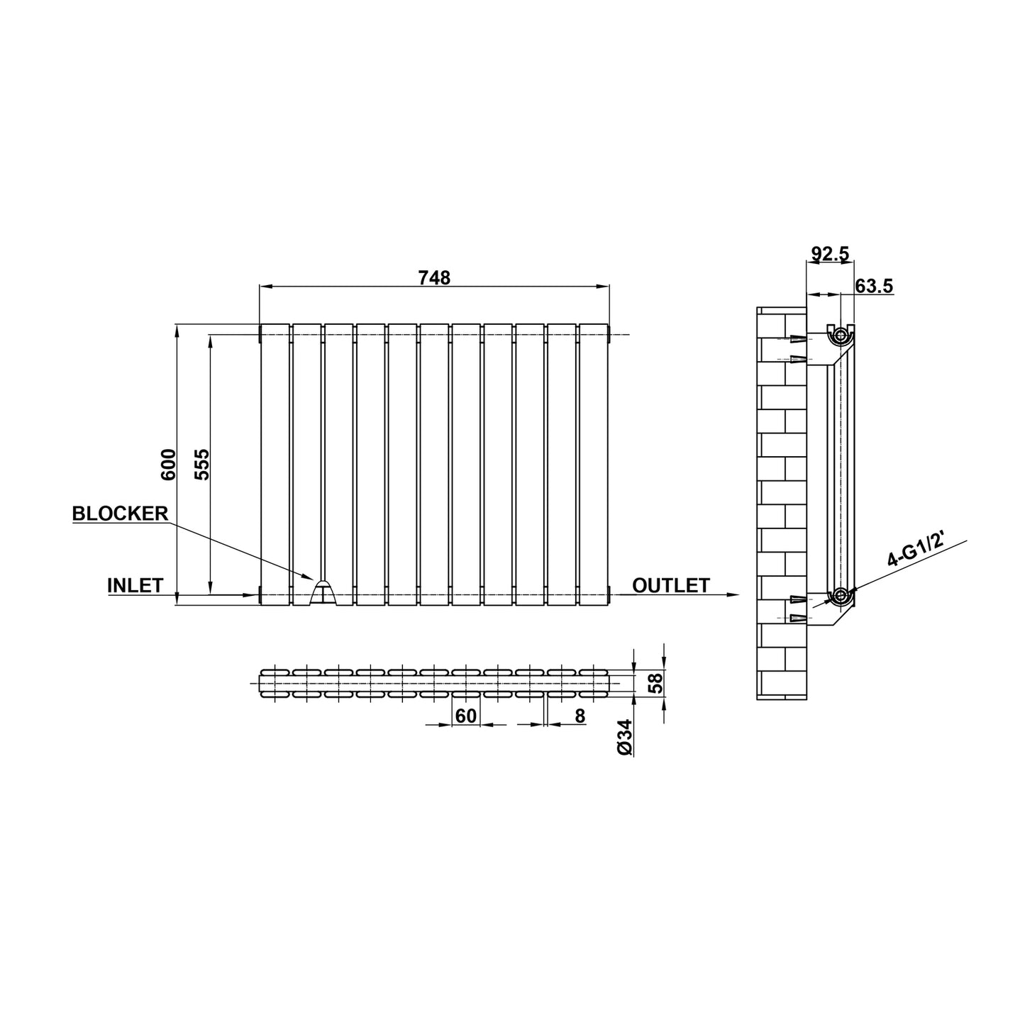 600x748mm black double flat panel radiator dimension