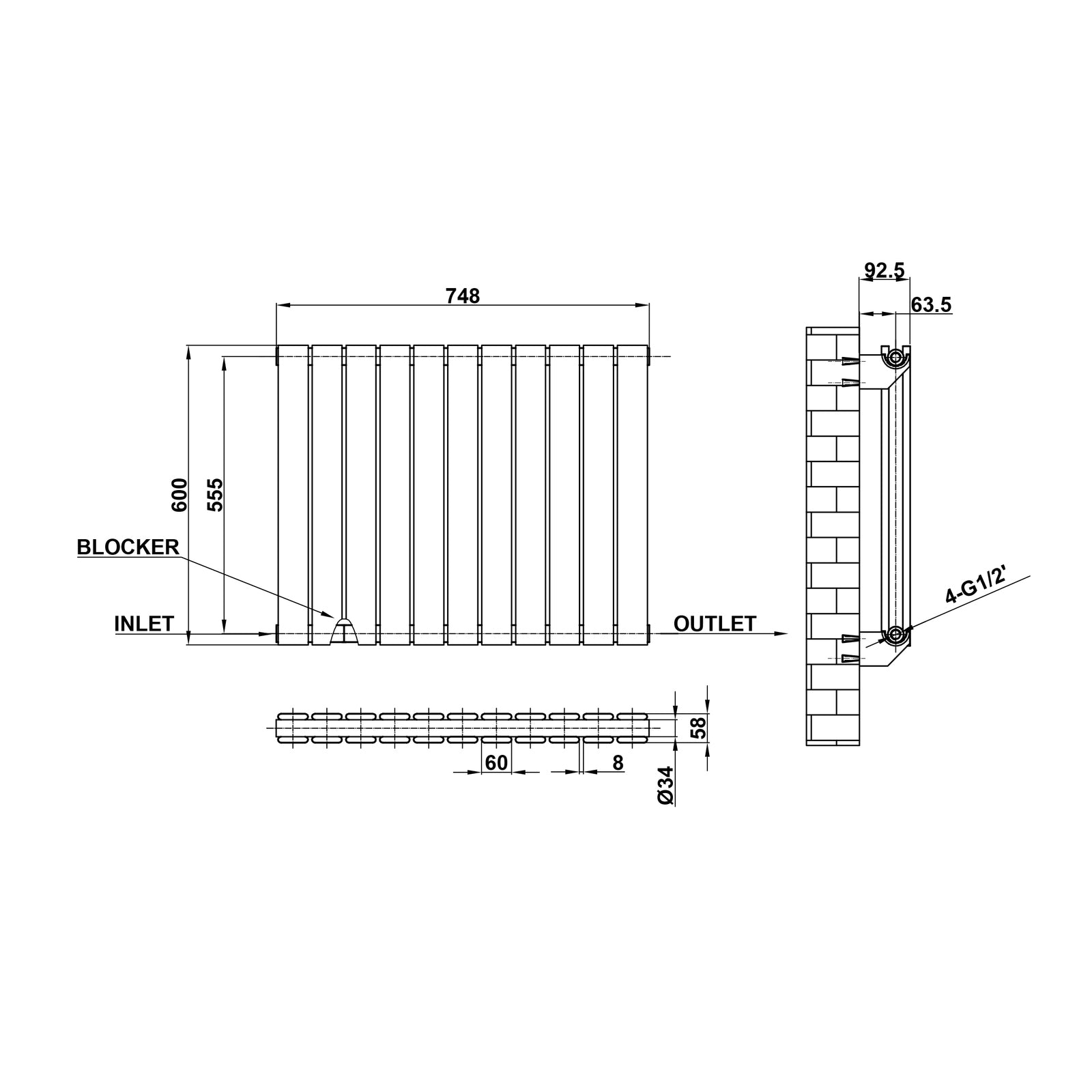 600x748mm black double flat panel radiator dimension