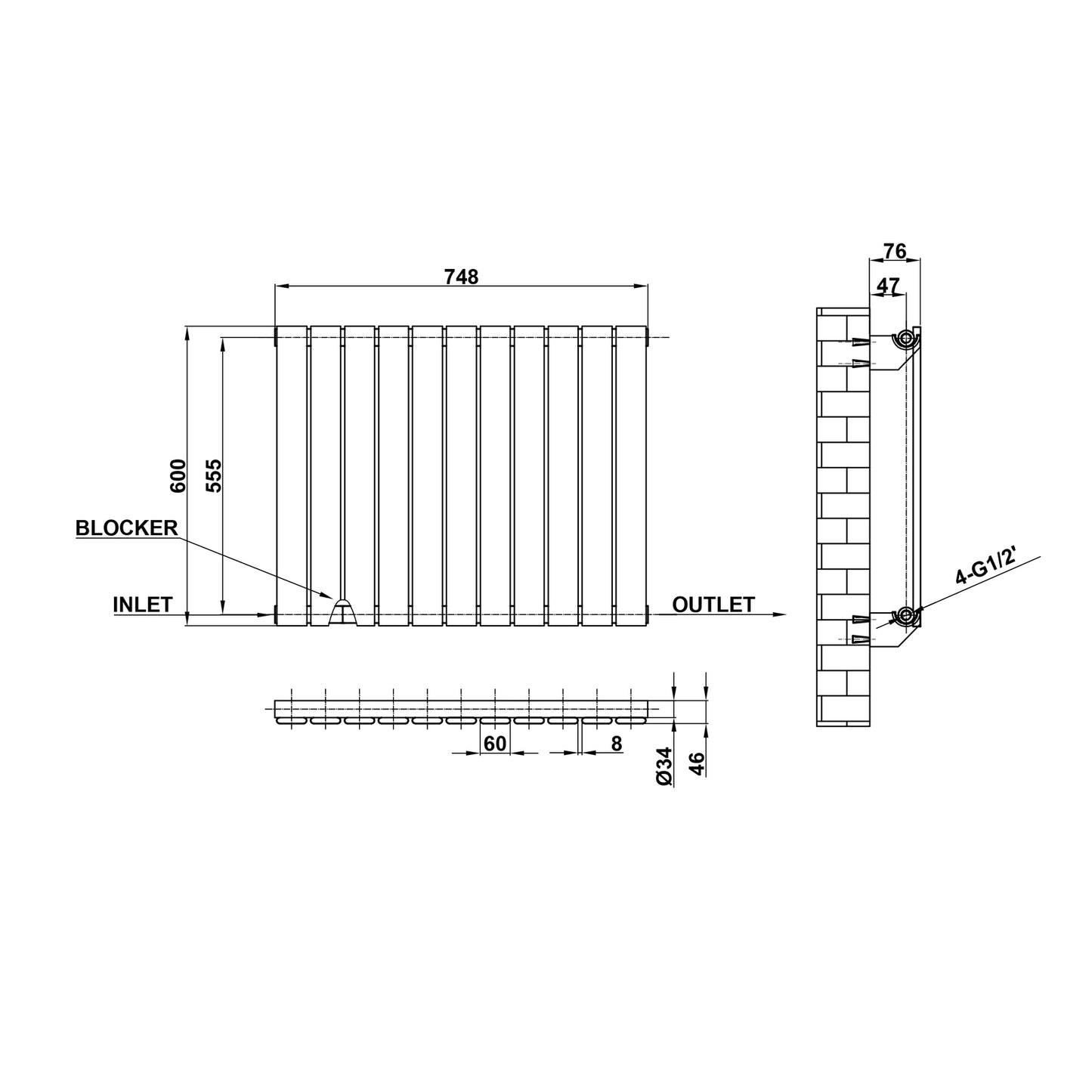 600x748mm black single flat panel radiator dimension