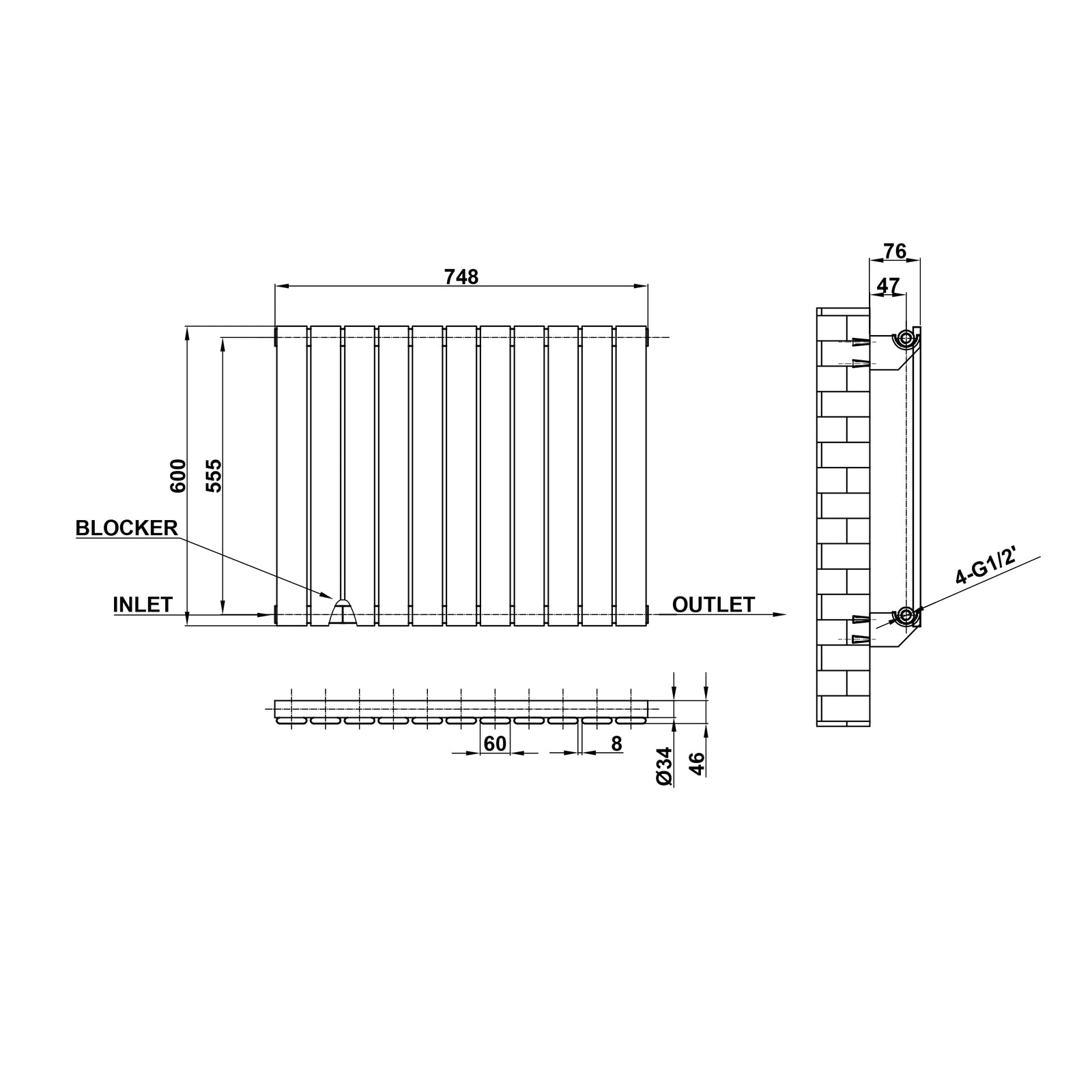 600x748mm black single flat panel radiator dimension