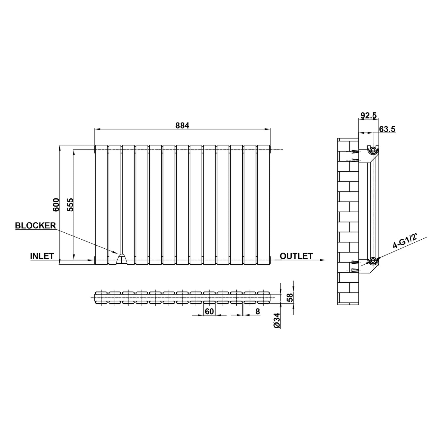 600x884mm black double flat panel radiator dimension