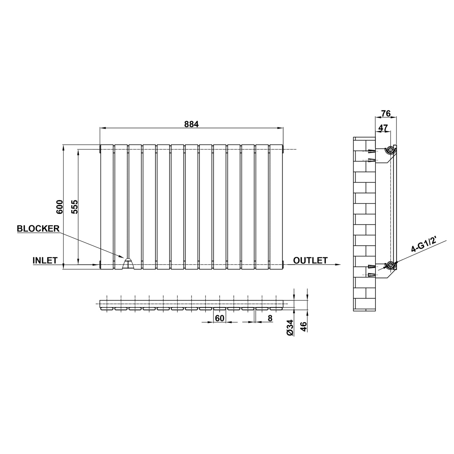 600x884mm black single flat panel radiator dimension