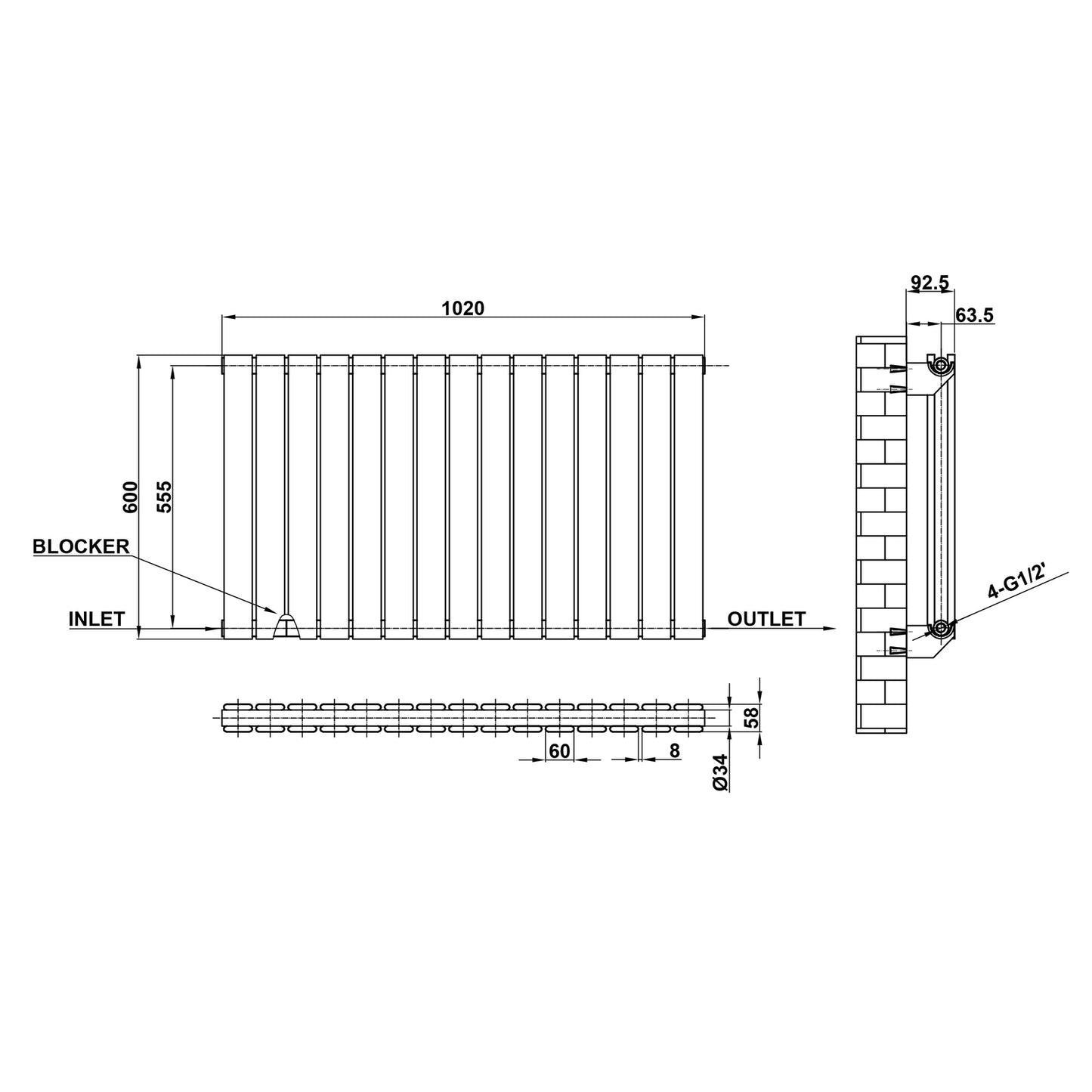 600x1020mm black double flat panel radiator dimension