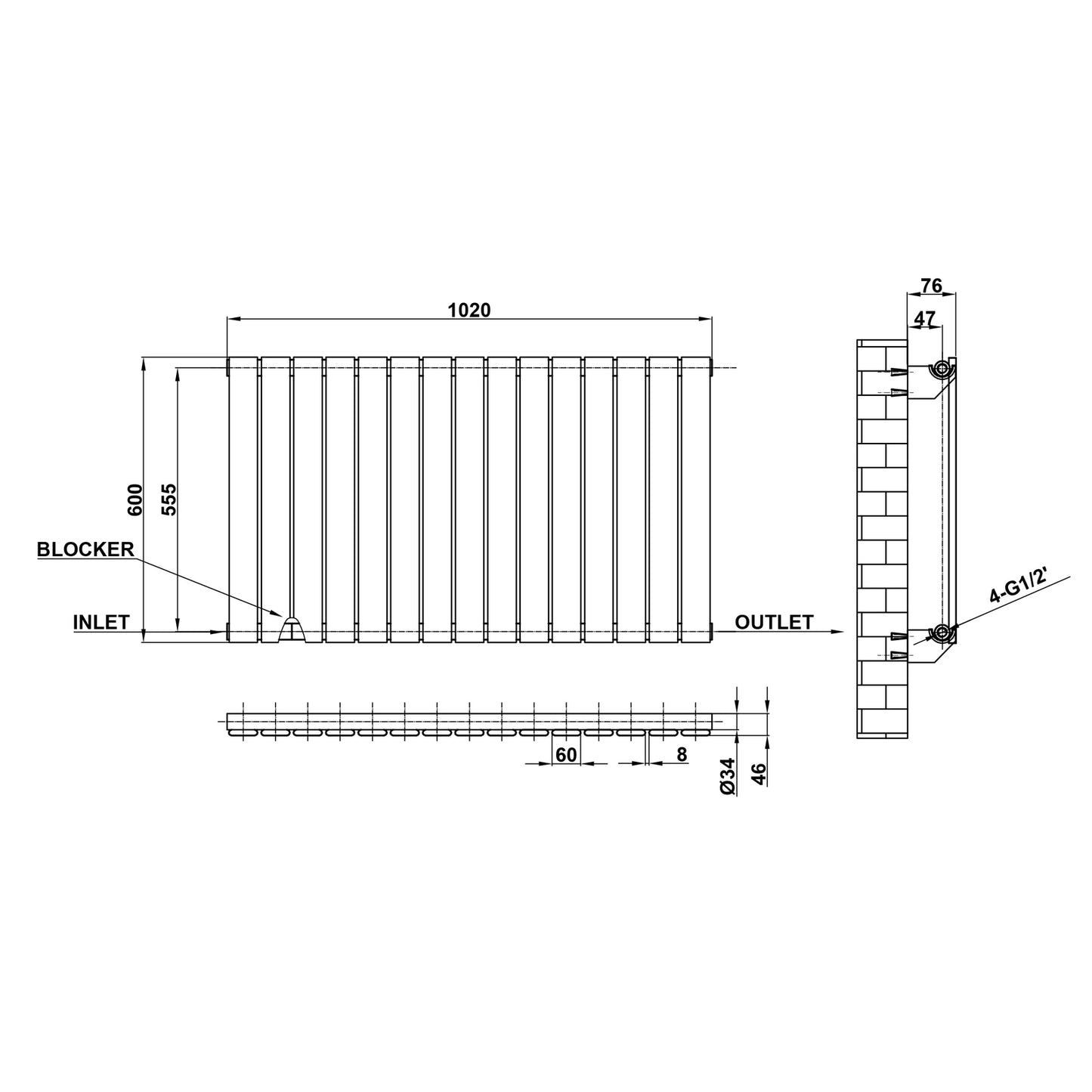 600x1020mm black single flat panel radiator dimension