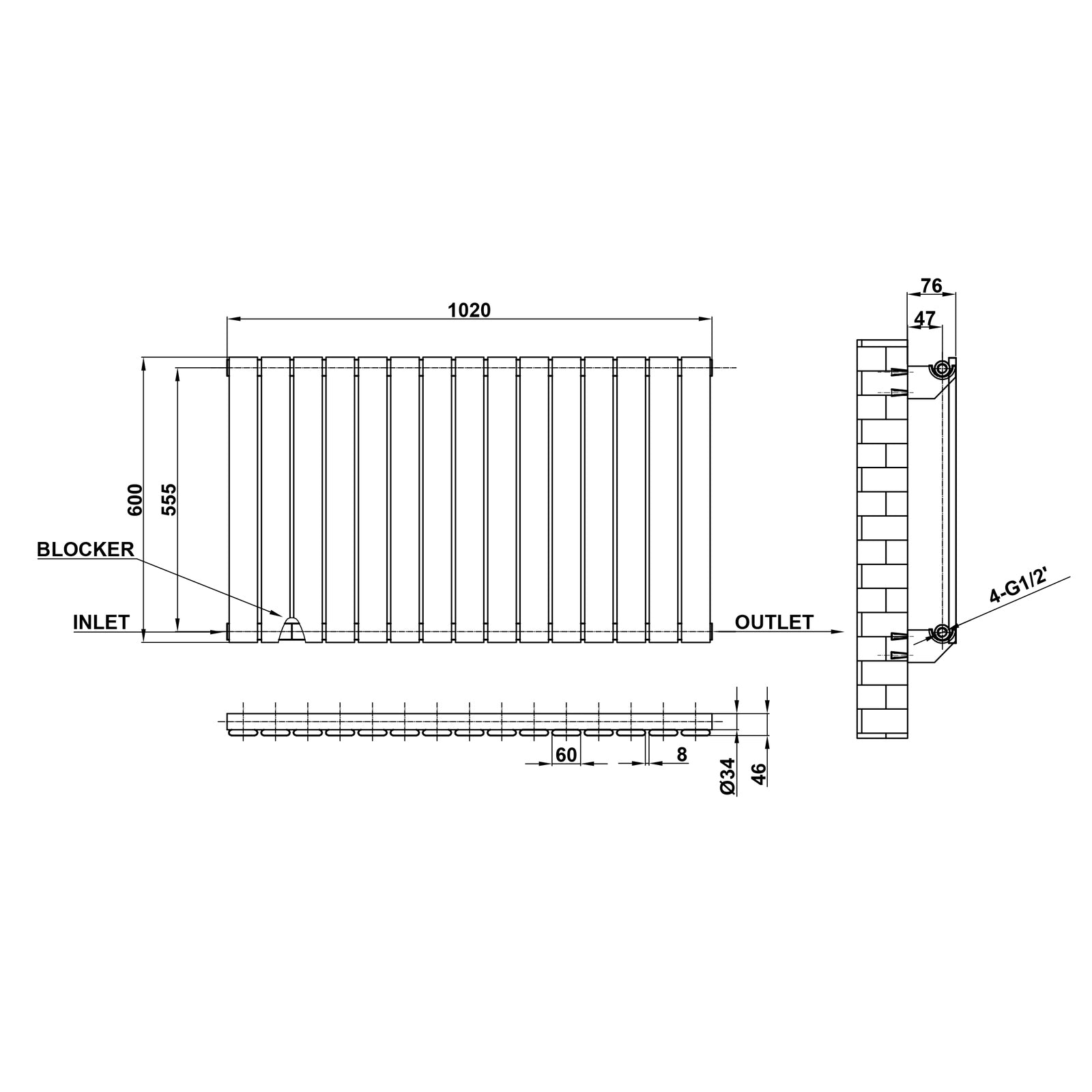 600x1020mm black single flat panel radiator dimension