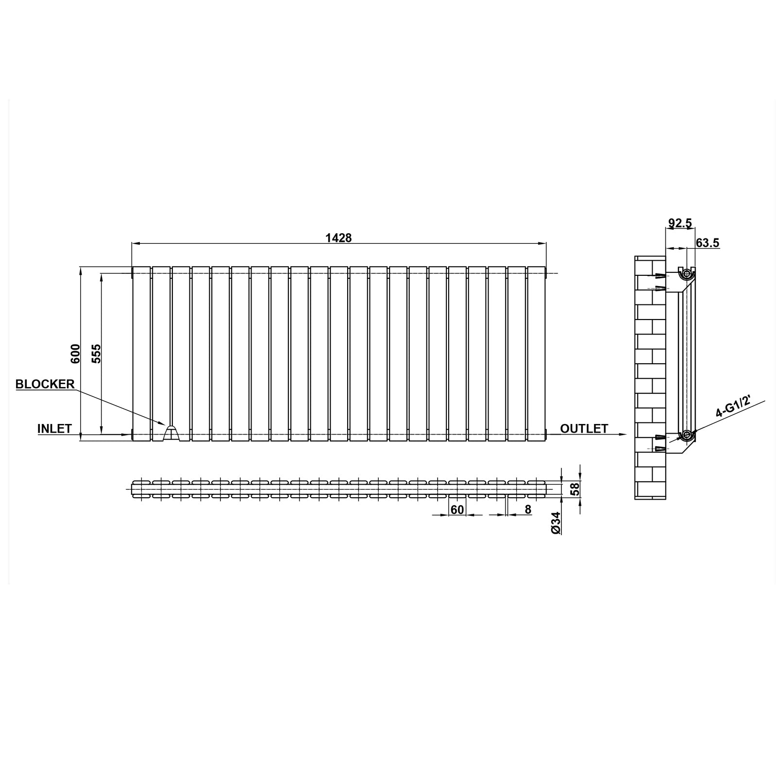 600x1428mm black double flat panel radiator dimension