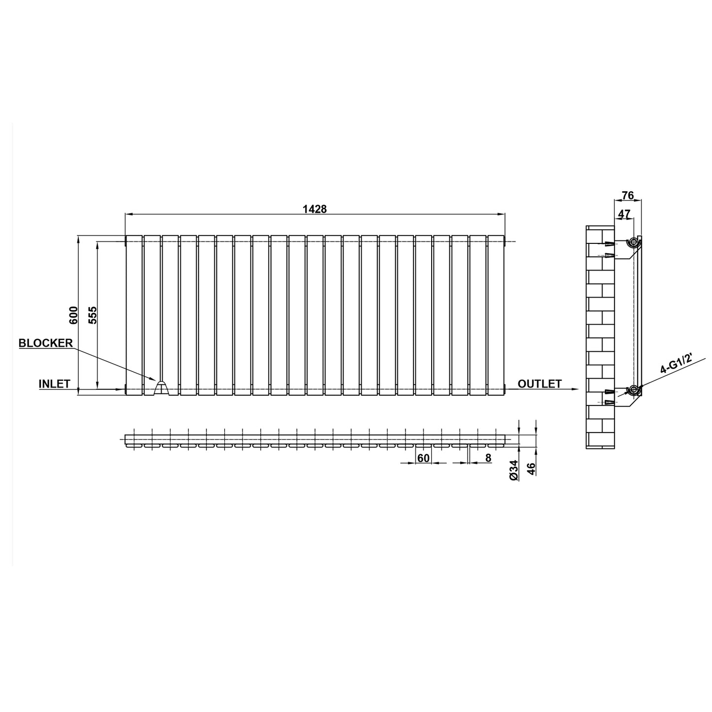 600x1428mm black single flat panel radiator dimension