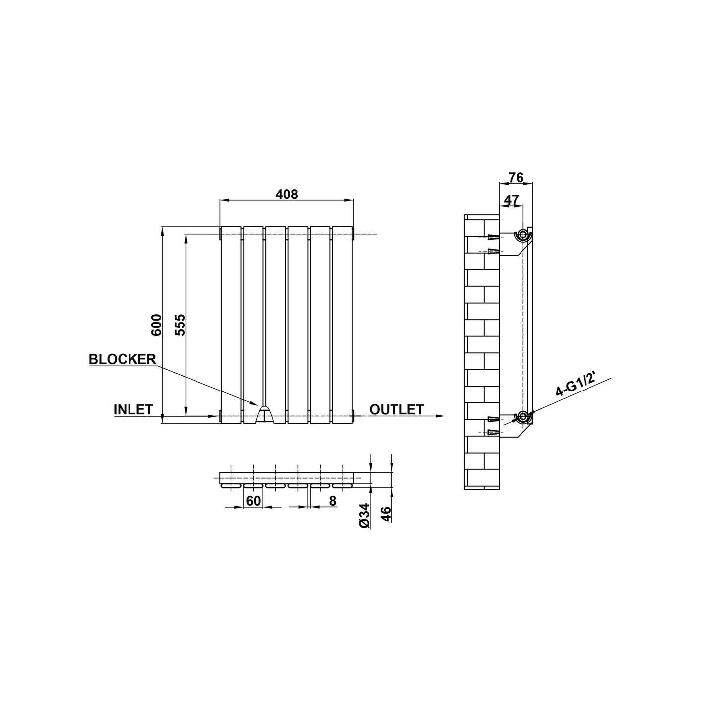 600x408mm black single flat panel radiator dimension