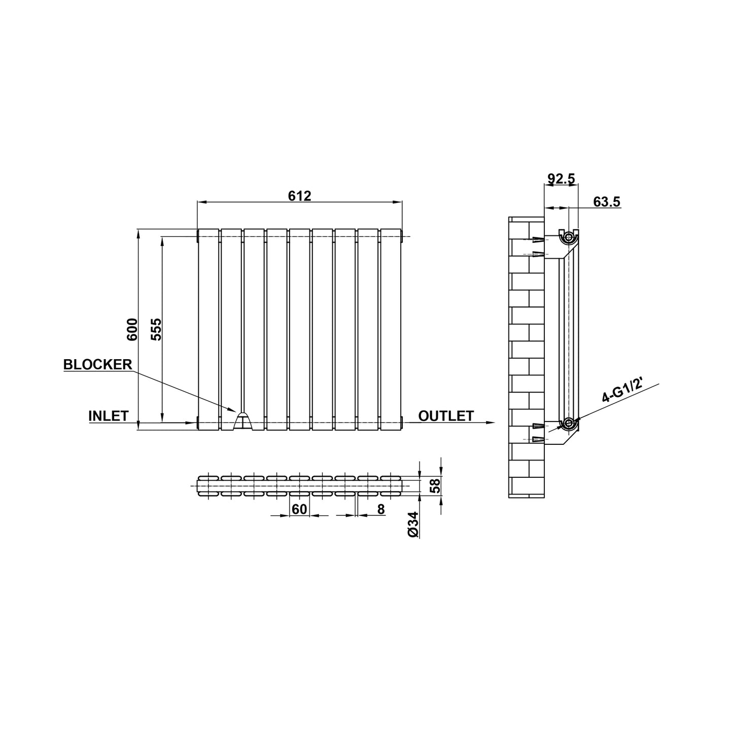 600x612mm black double flat panel radiator dimension