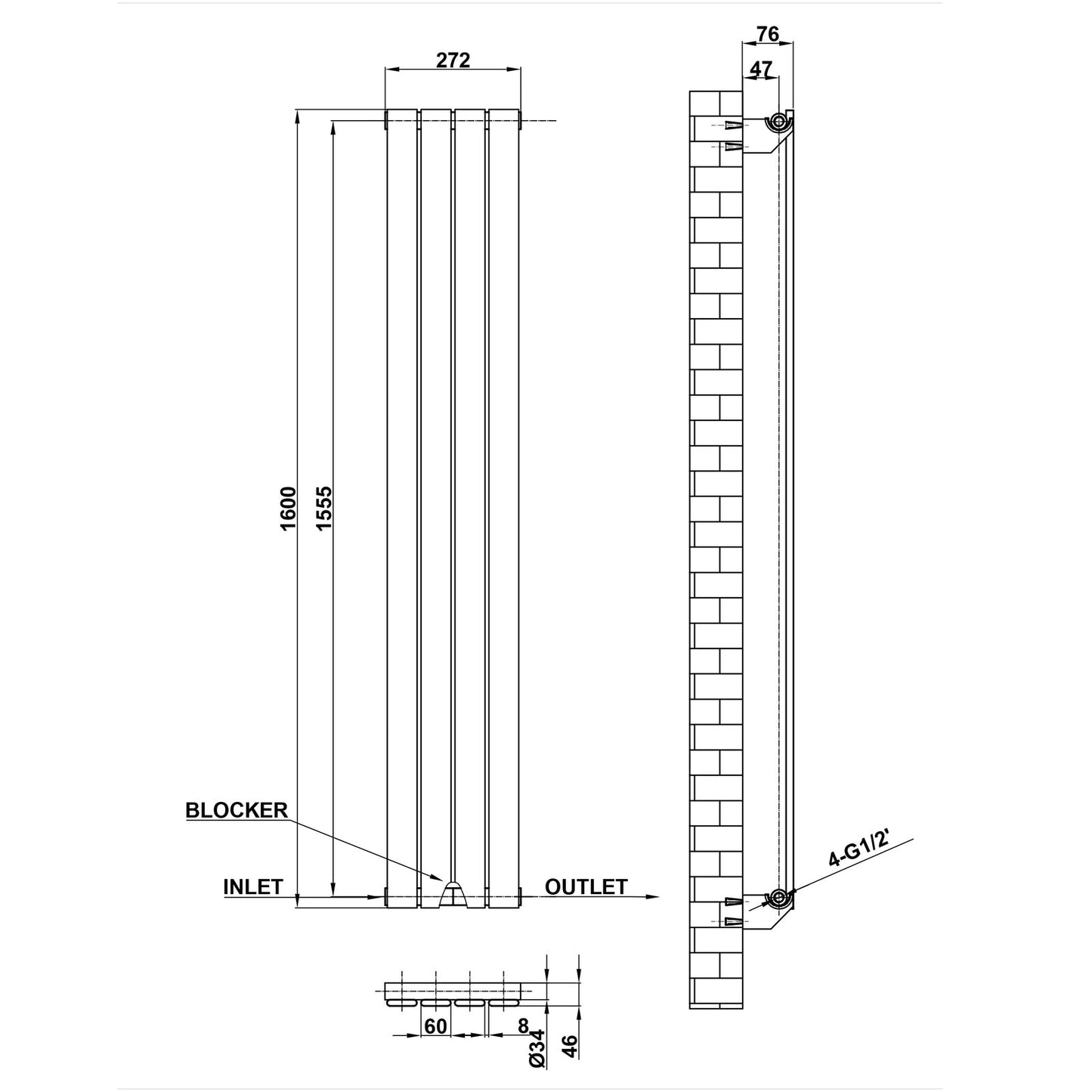 1600x272mm Single Black Flat Panel Radiator Dimension