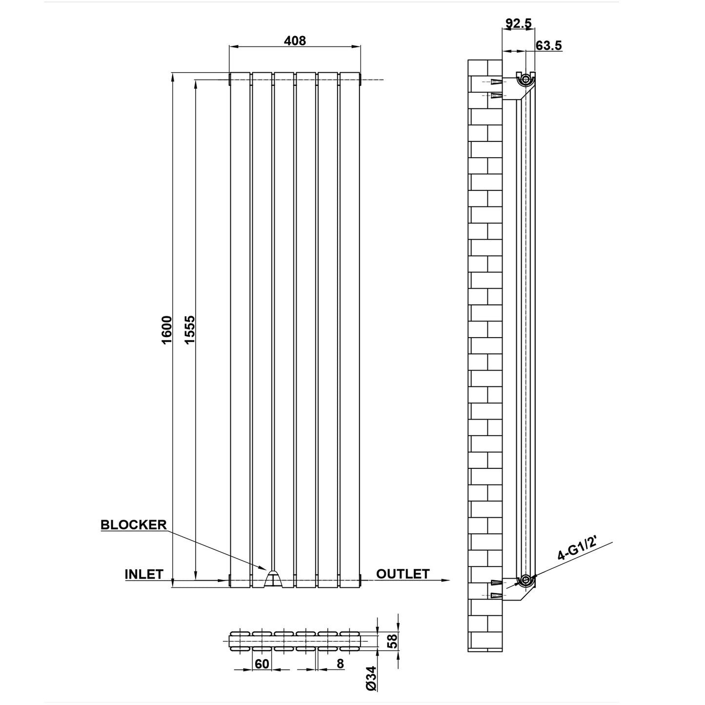 1600x408mm black double flat panel radiator dimension