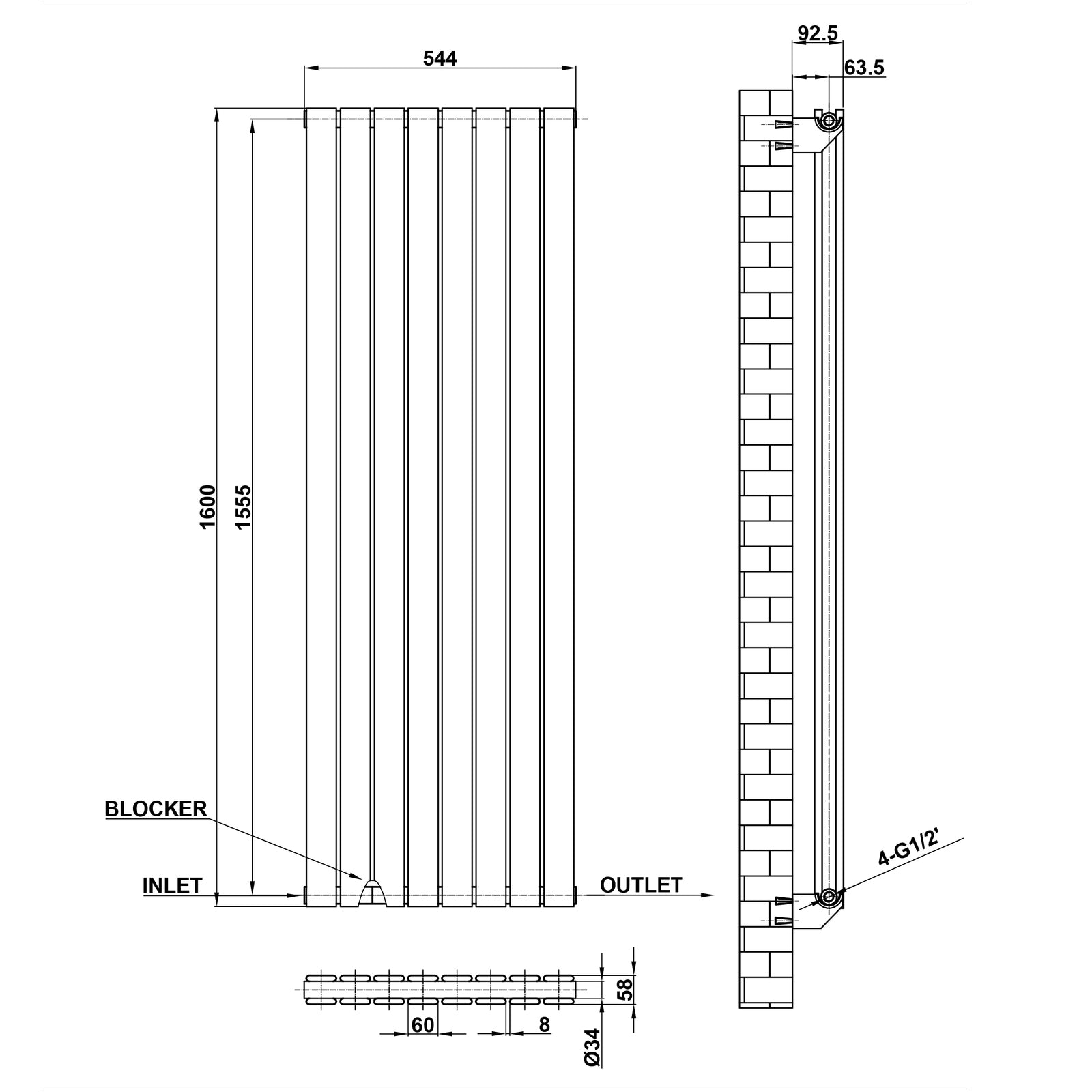 1600x544mm black double flat panel radiator dimension