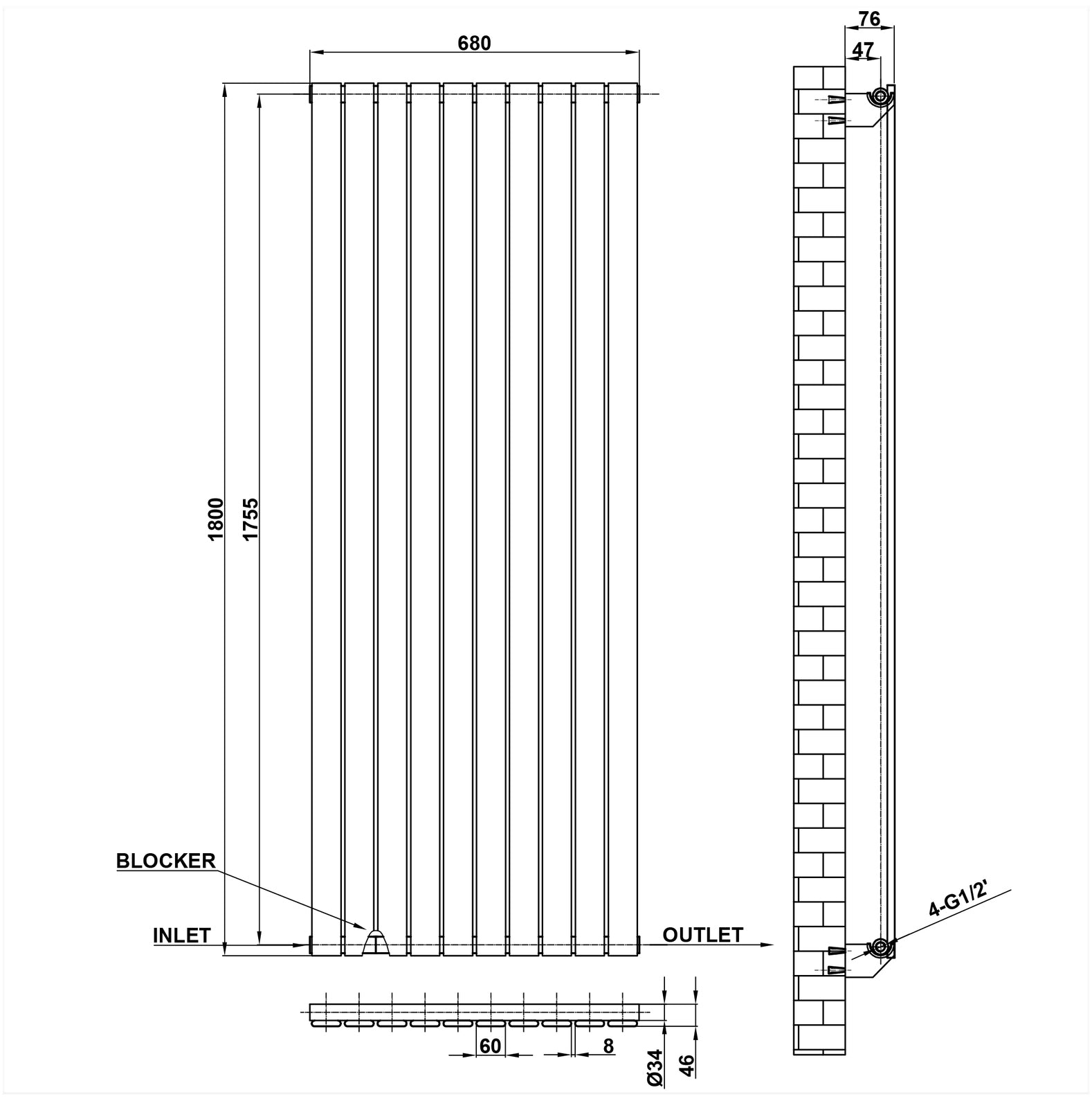 1800x680mm black single flat panel radiator dimension