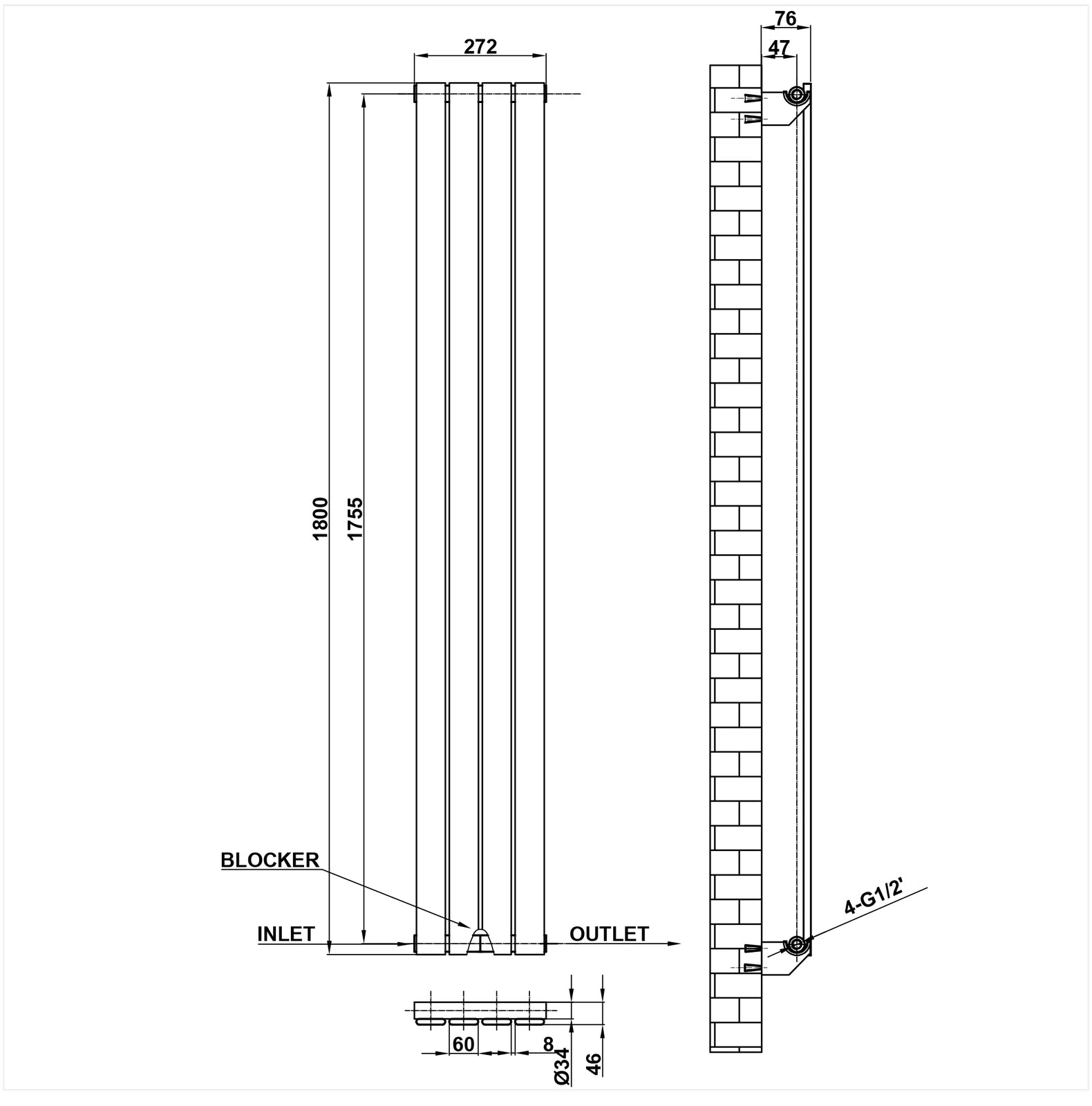 1800x272mm Single Anthracite Flat Panel Radiator Dimension