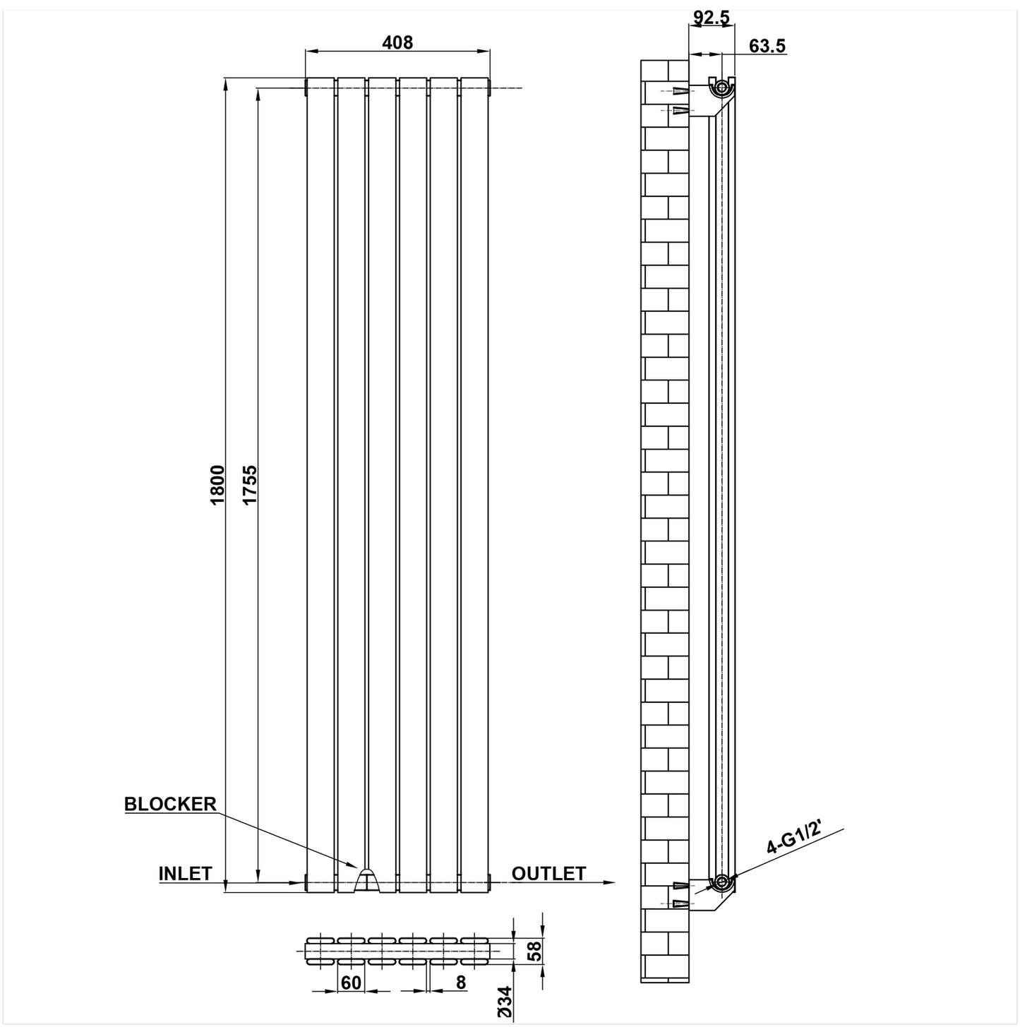 1800x408mm black double flat panel radiator dimension