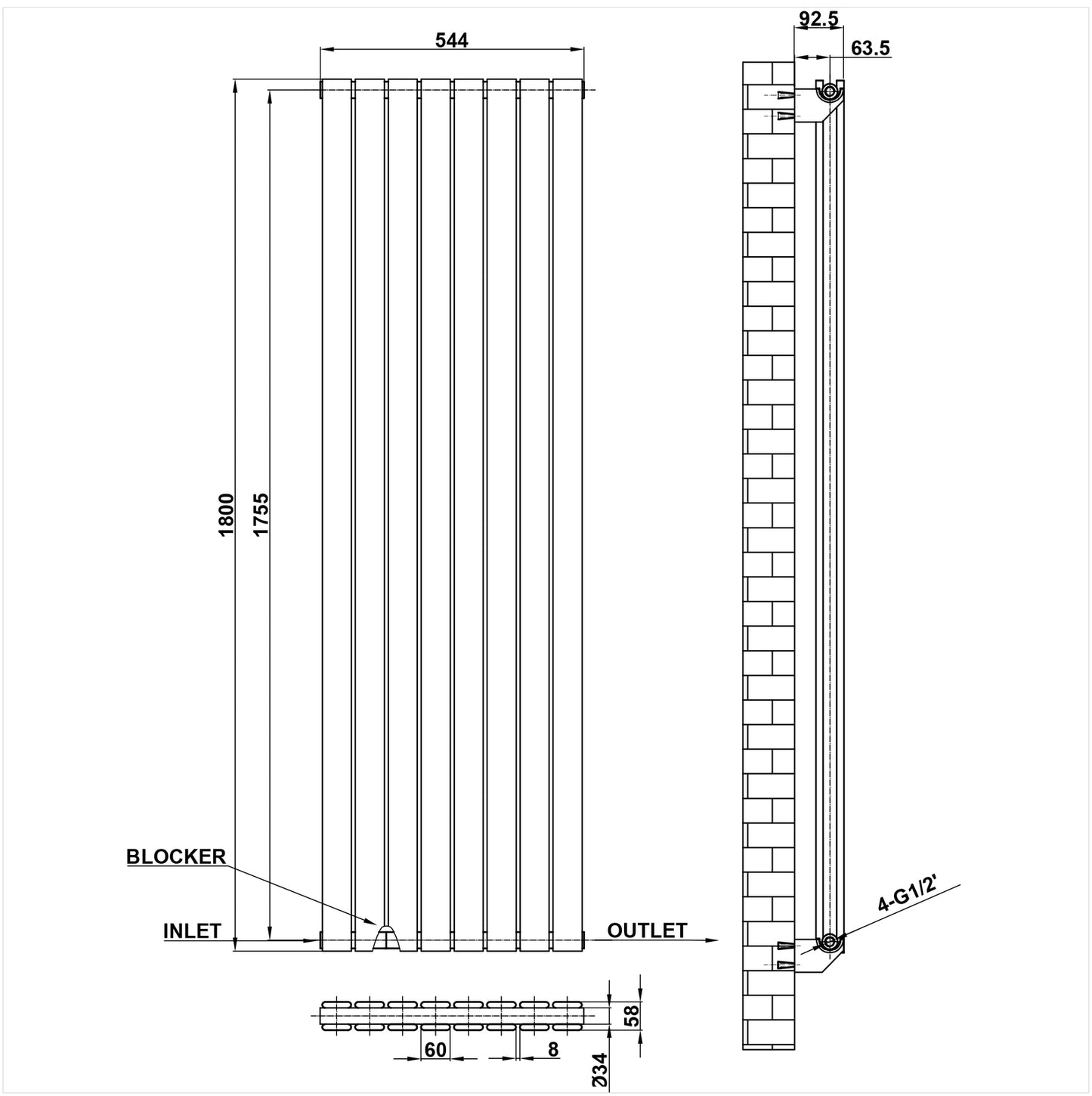 1800x544mm black double flat panel radiator dimension