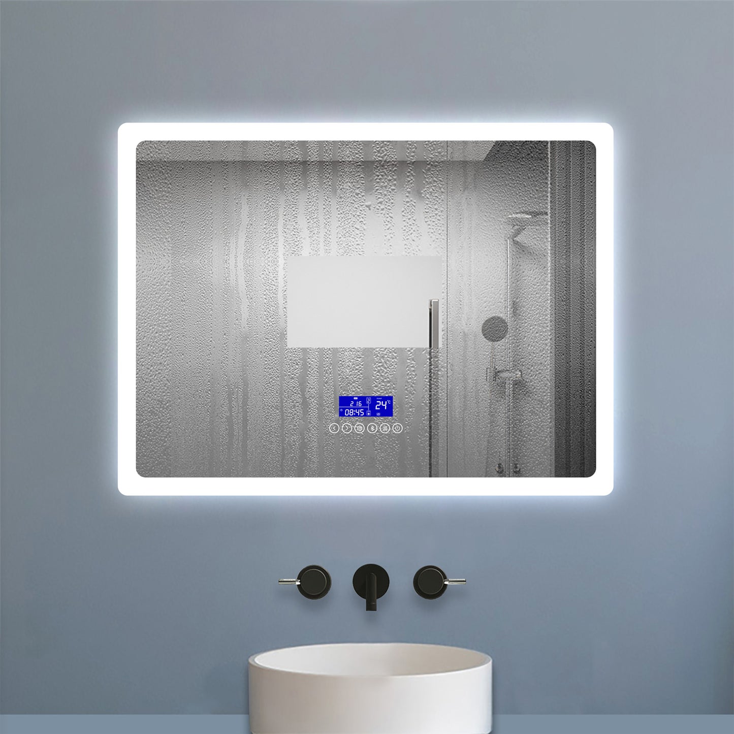 Bathroom Mirror with Bluetooth Speaker Digital Clock Dimmable Lights Anti-fog Touch Switch