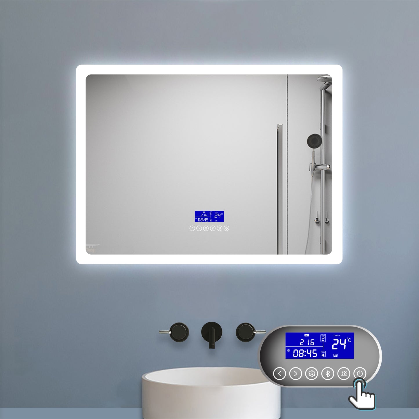 Bathroom Mirror with Bluetooth Speaker Digital Clock Dimmable Lights Anti-fog Touch Switch