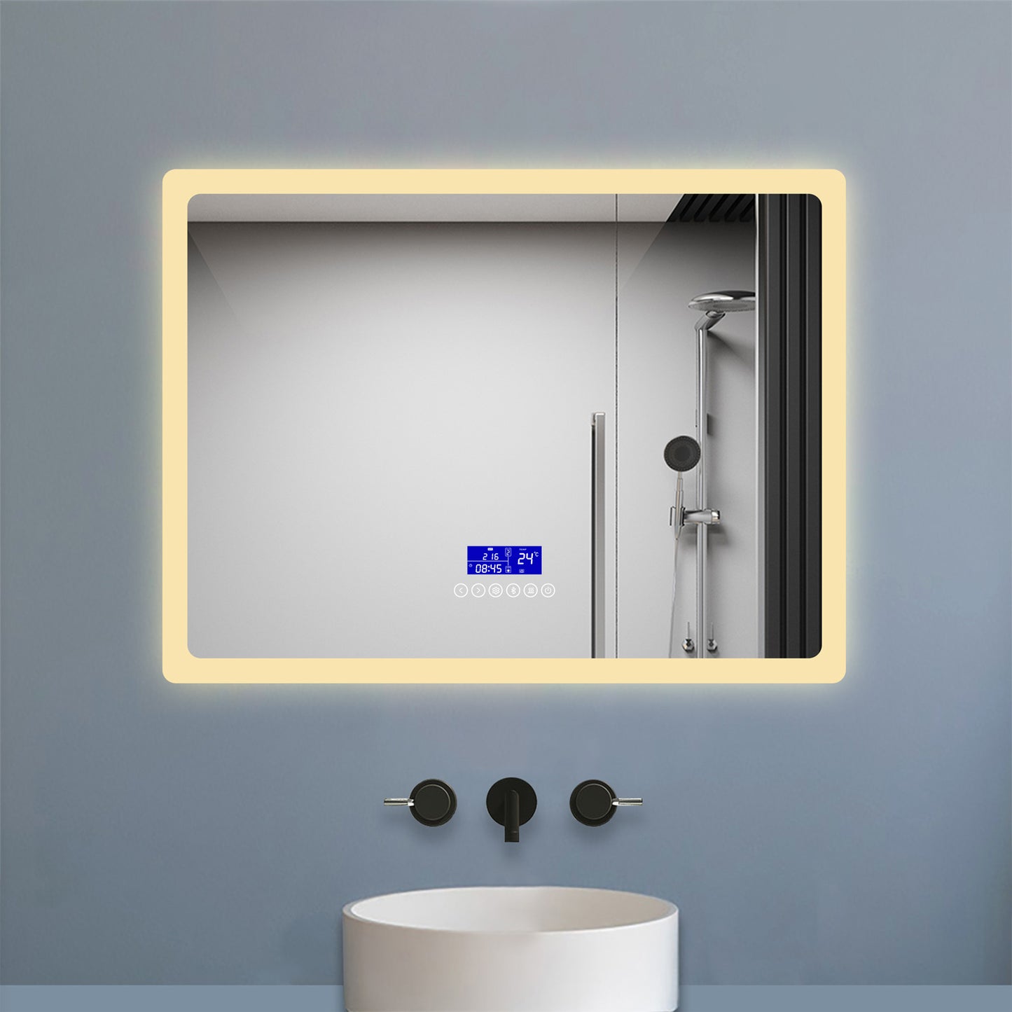 Bathroom Mirror with Bluetooth Speaker Digital Clock Dimmable Lights Anti-fog Touch Switch