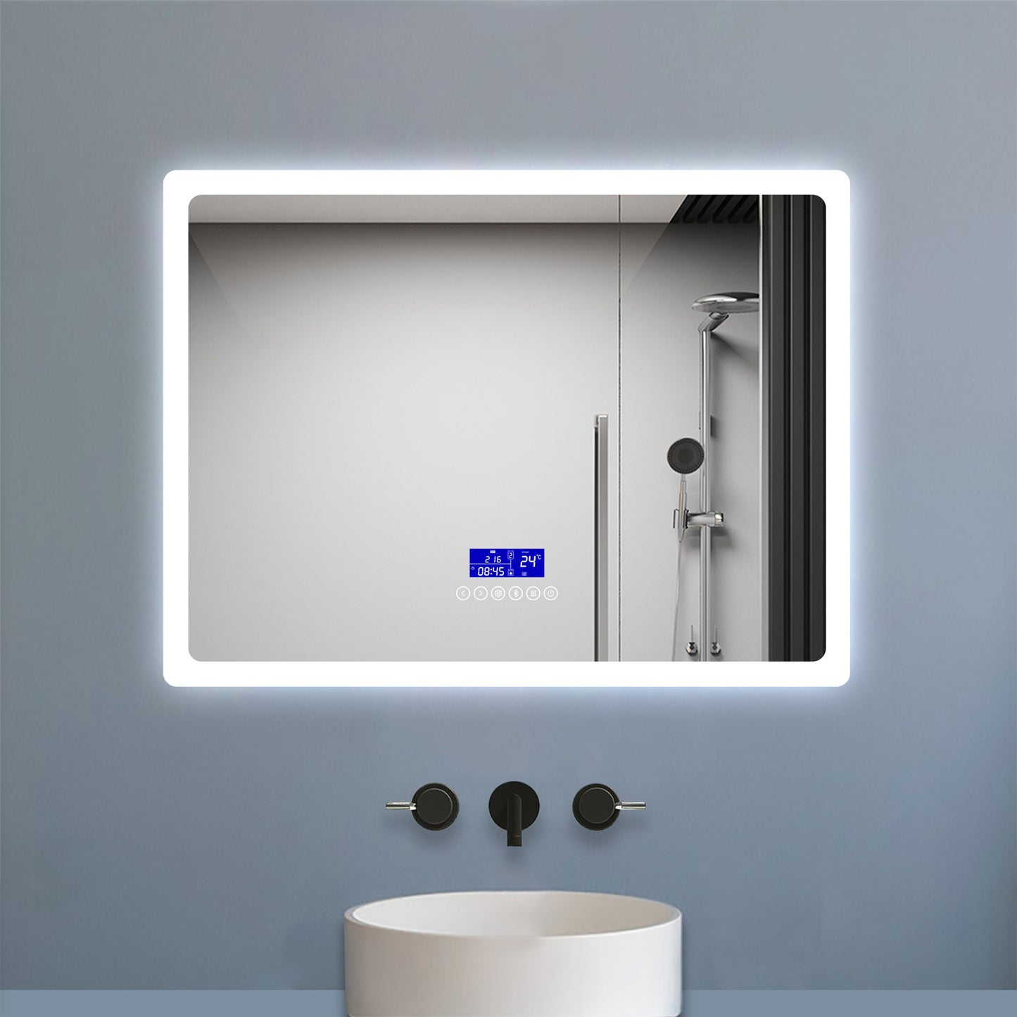 Bathroom Mirror with Bluetooth Speaker Digital Clock Dimmable Lights Anti-fog Touch Switch
