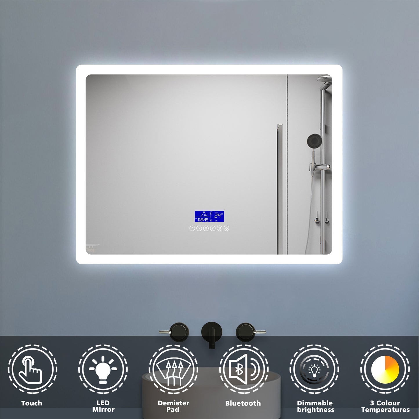 Bathroom Mirror with Bluetooth Speaker Digital Clock Dimmable Lights Anti-fog Touch Switch